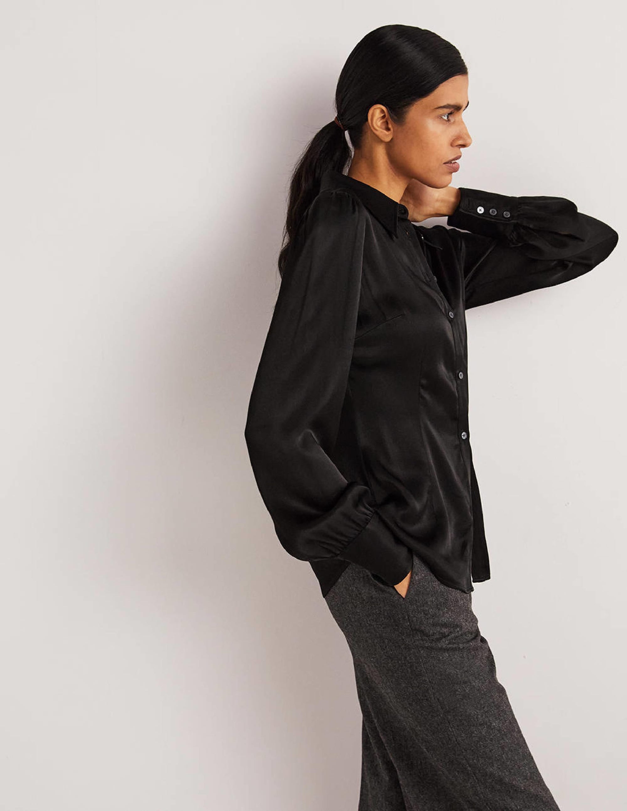 Dart Detail Satin Fitted Shirt-Black - Image 4