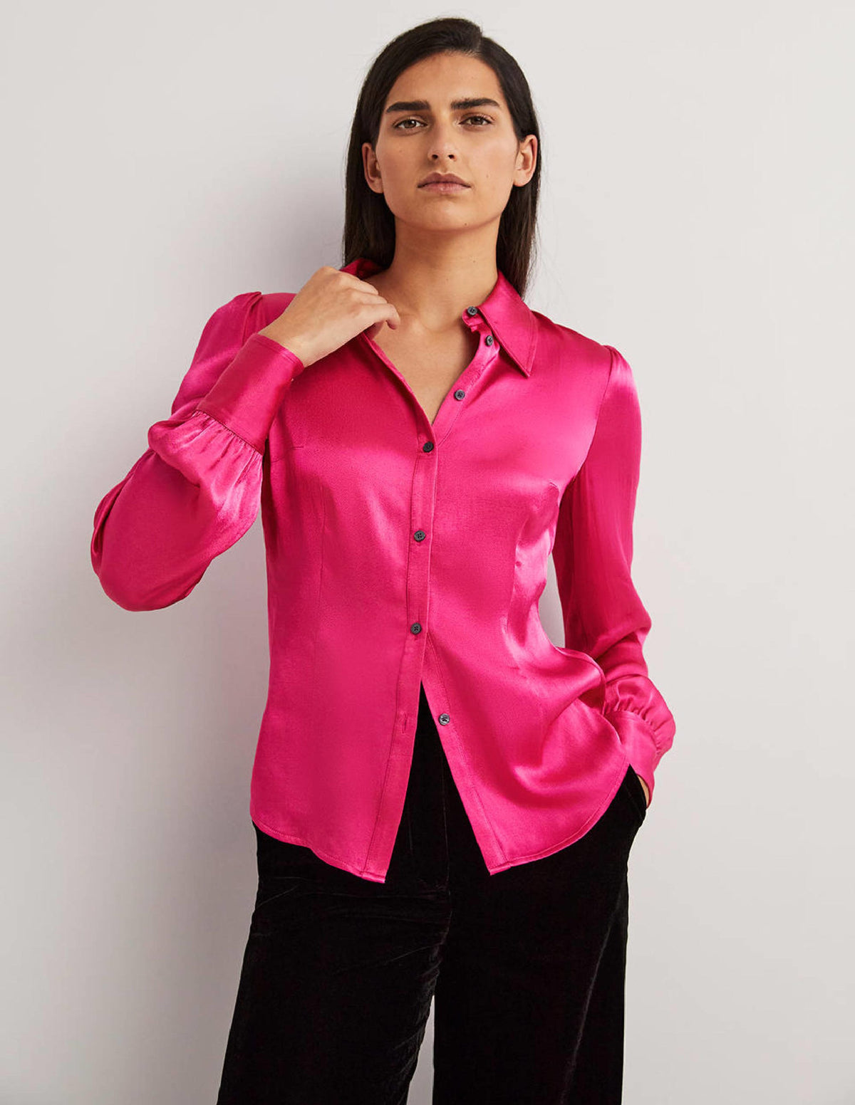 Dart Detail Satin Fitted Shirt-Wild Watermelon Pink - Image 1