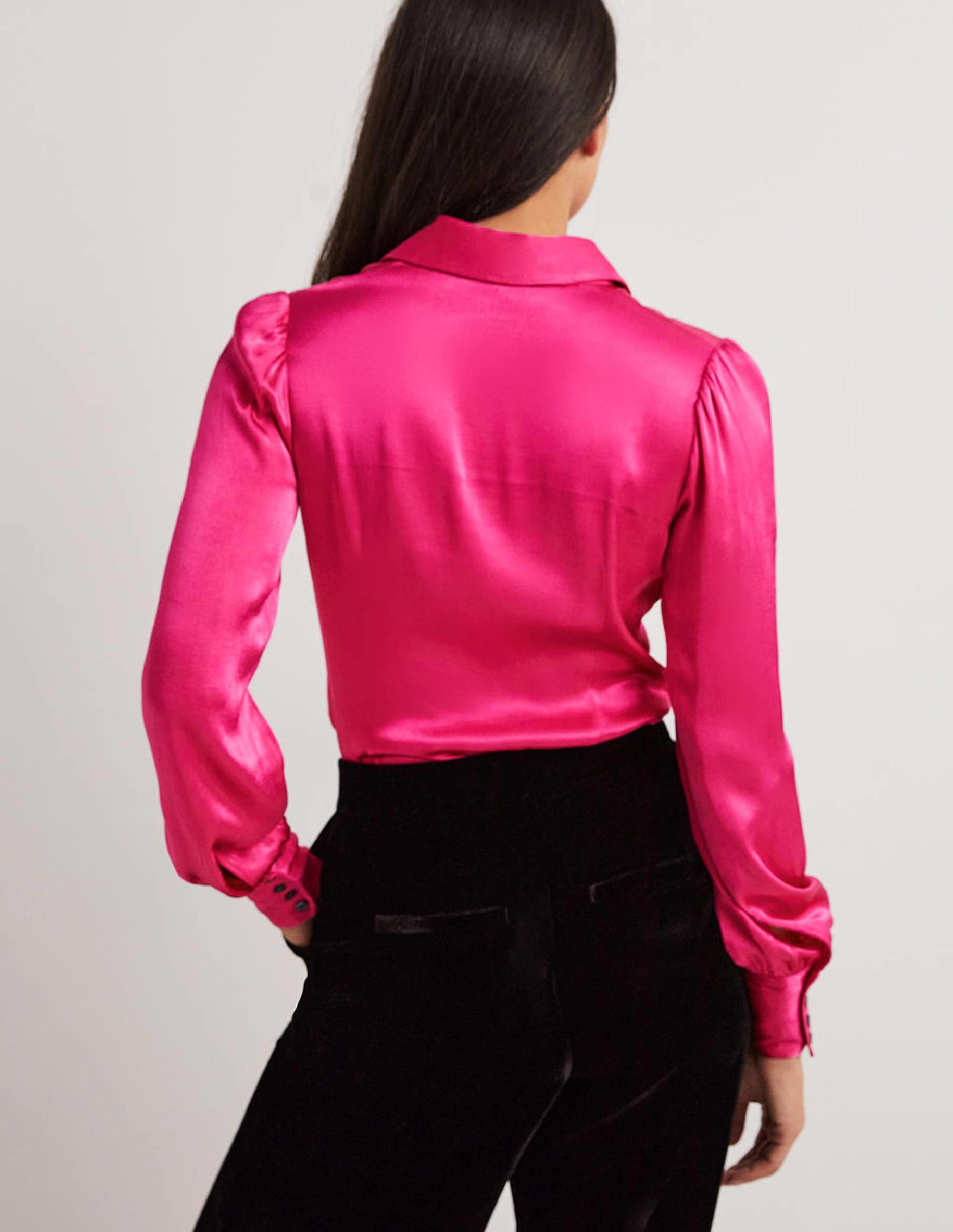 Dart Detail Satin Fitted Shirt-Wild Watermelon Pink-3