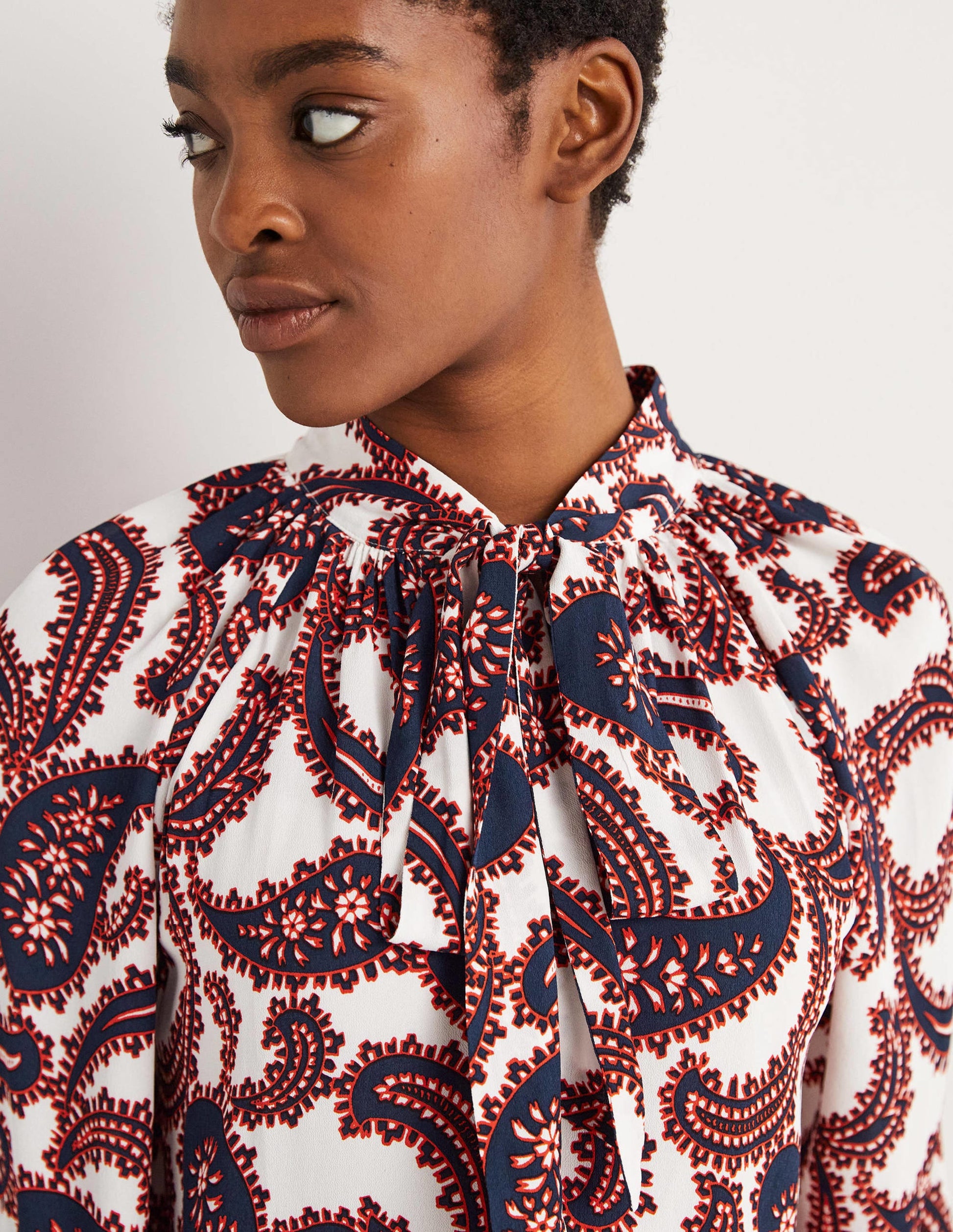 Tie Neck Blouse-Ivory, Paisley Cluster-2