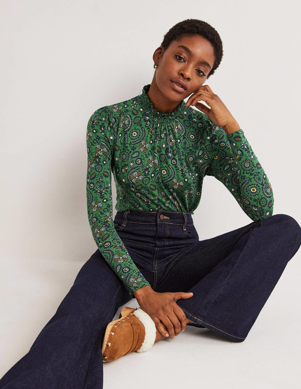 Smocked Neck Printed Top-Broad Bean, Tropic Charm - Image 1