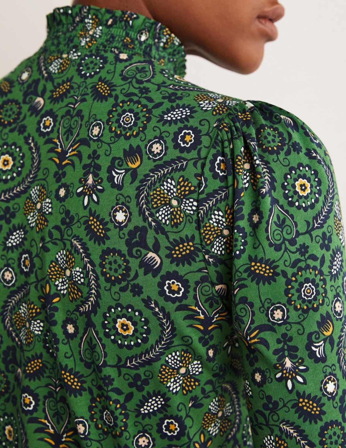 Smocked Neck Printed Top-Broad Bean, Tropic Charm - Image 2
