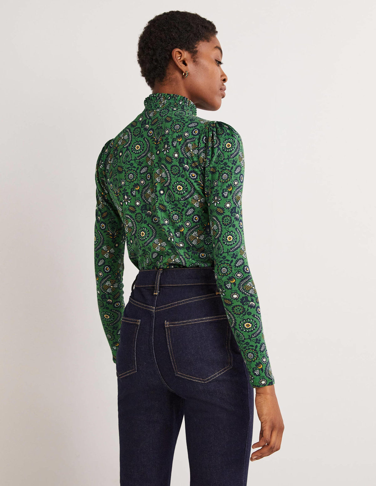 Smocked Neck Printed Top-Broad Bean, Tropic Charm - Image 3