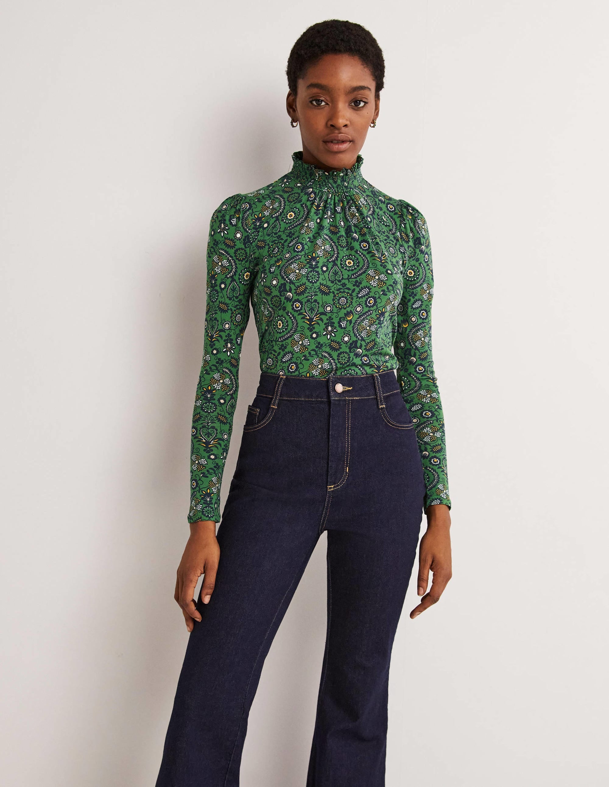 Smocked Neck Printed Top-Broad Bean, Tropic Charm - Image 4