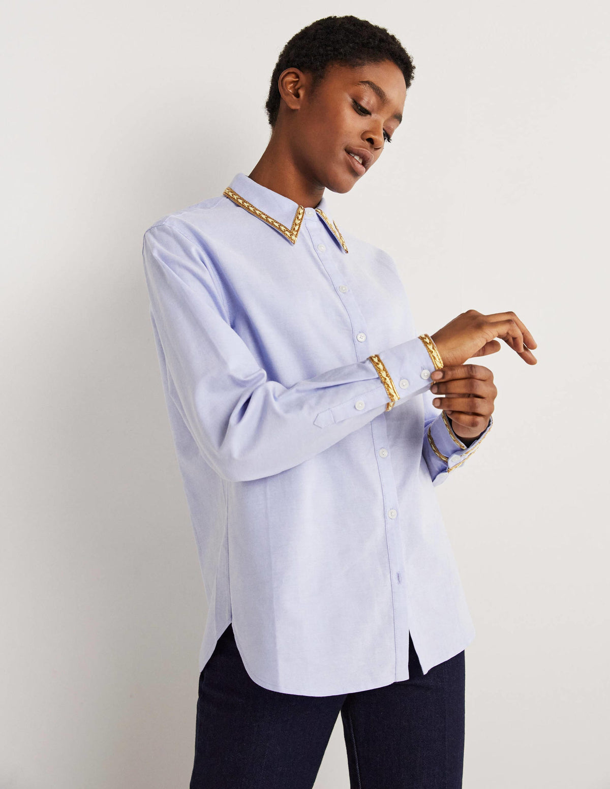 Gold Trim Relaxed Shirt-Chambray, Metallic - Image 1