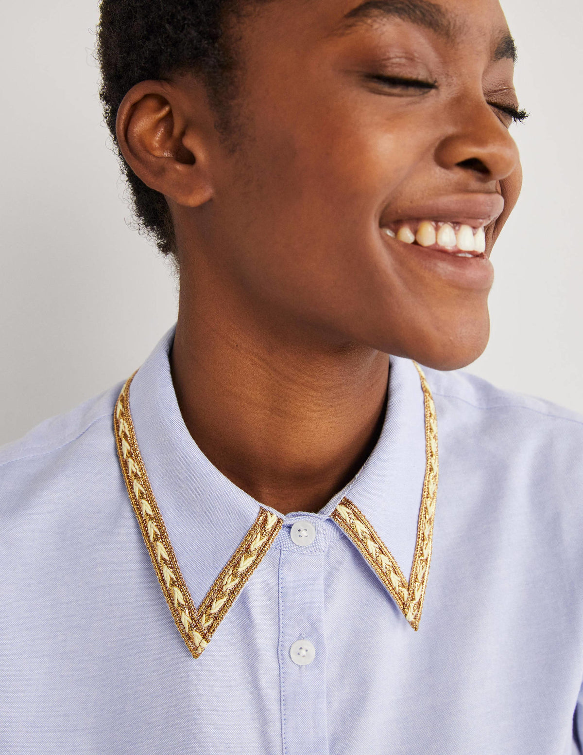 Gold Trim Relaxed Shirt-Chambray, Metallic-2