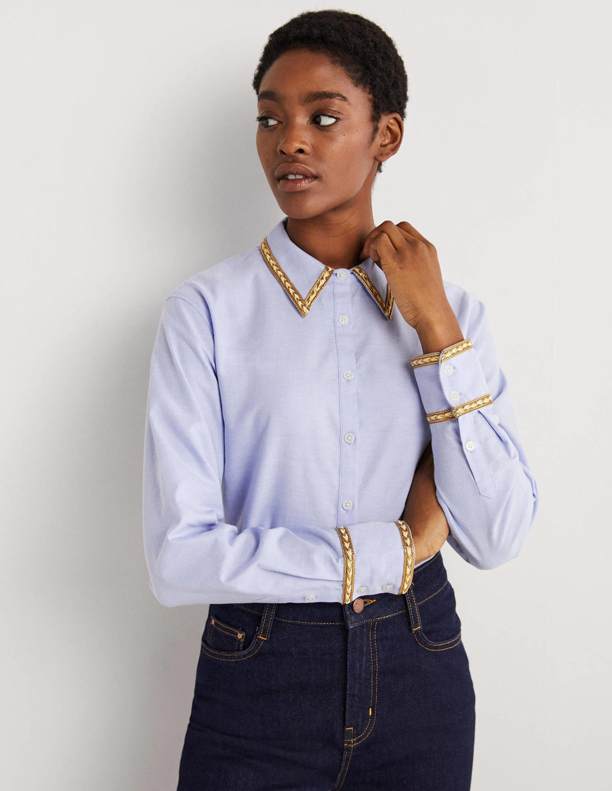 Gold Trim Relaxed Shirt-Chambray, Metallic-5
