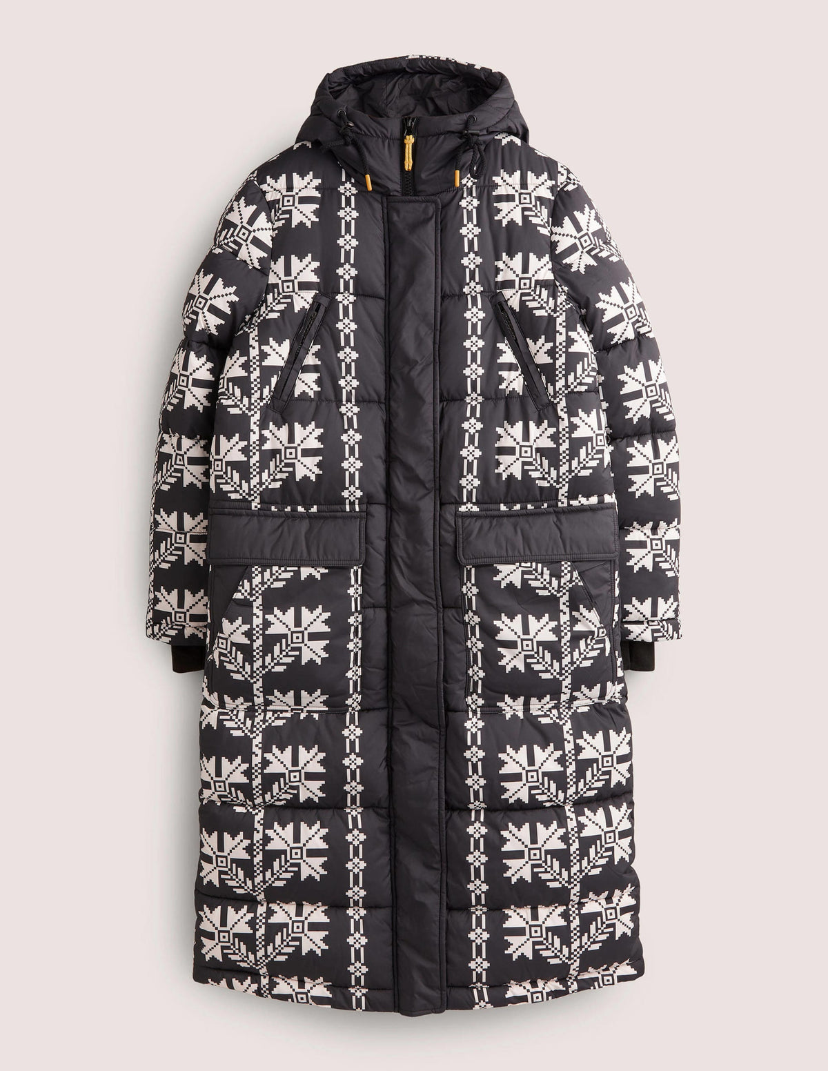 Longline Printed Puffer Coat-Black, Aztec Bloom - Image 7