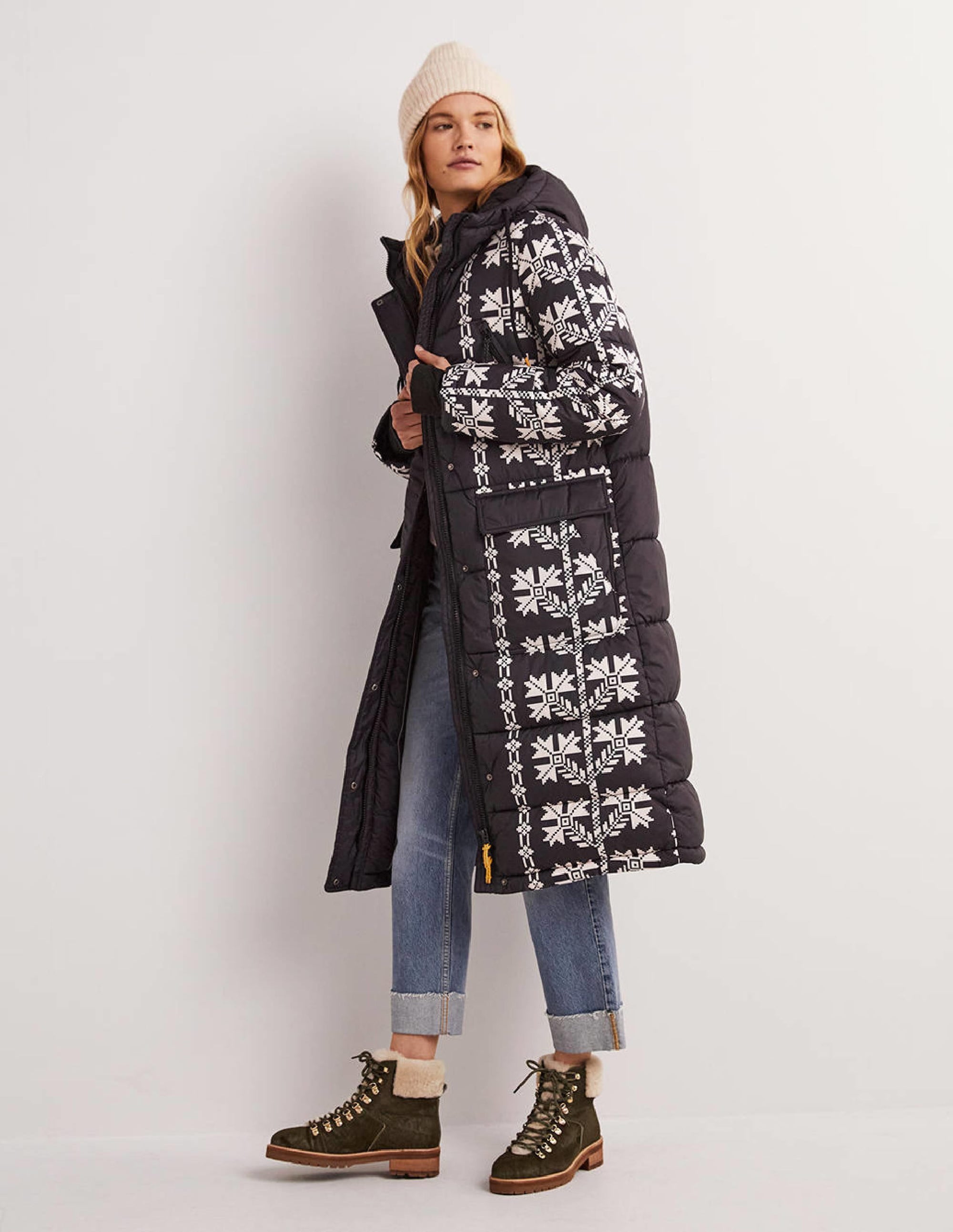 Longline Printed Puffer Coat-Black, Aztec Bloom - Image 1