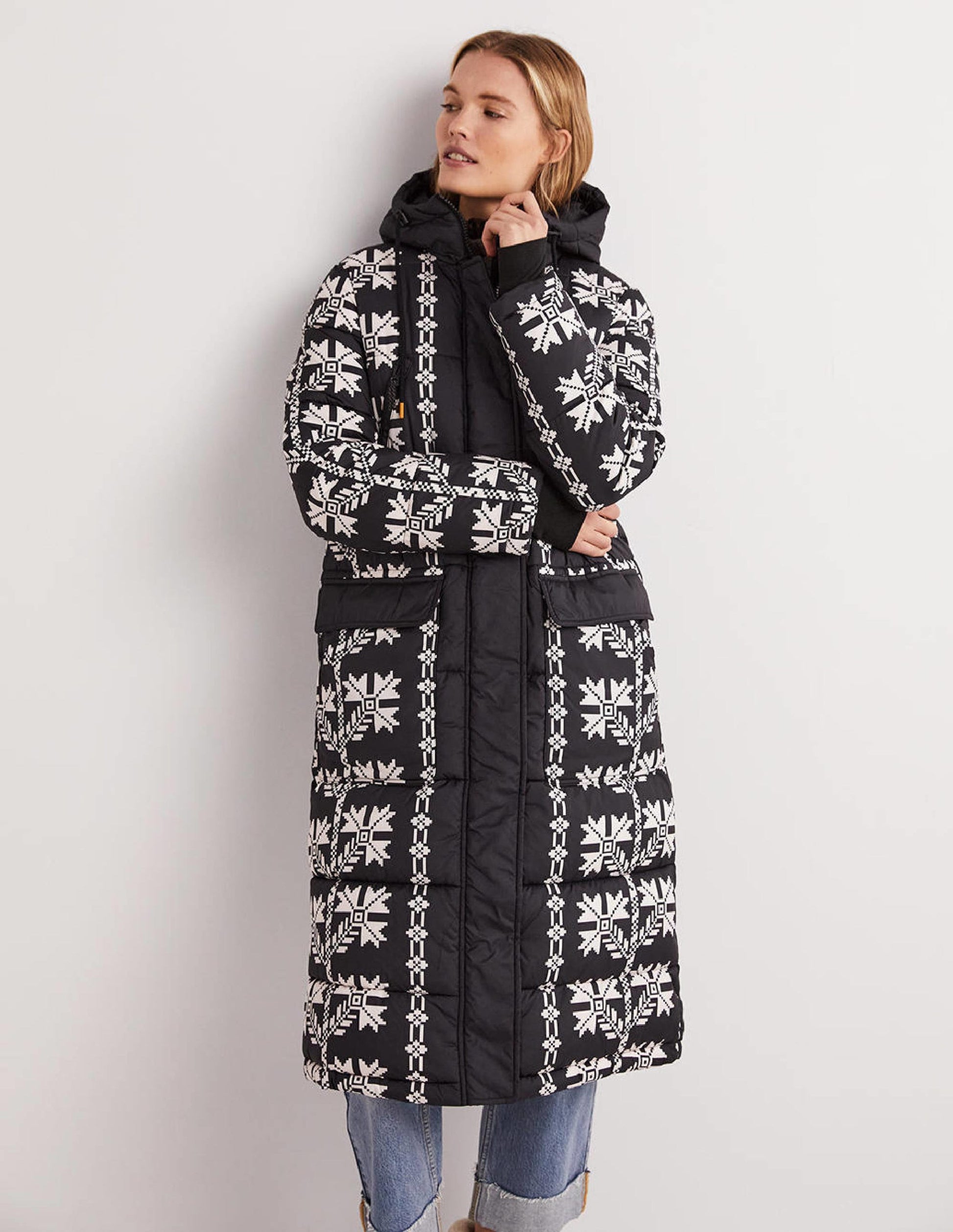 Longline Printed Puffer Coat-Black, Aztec Bloom-2