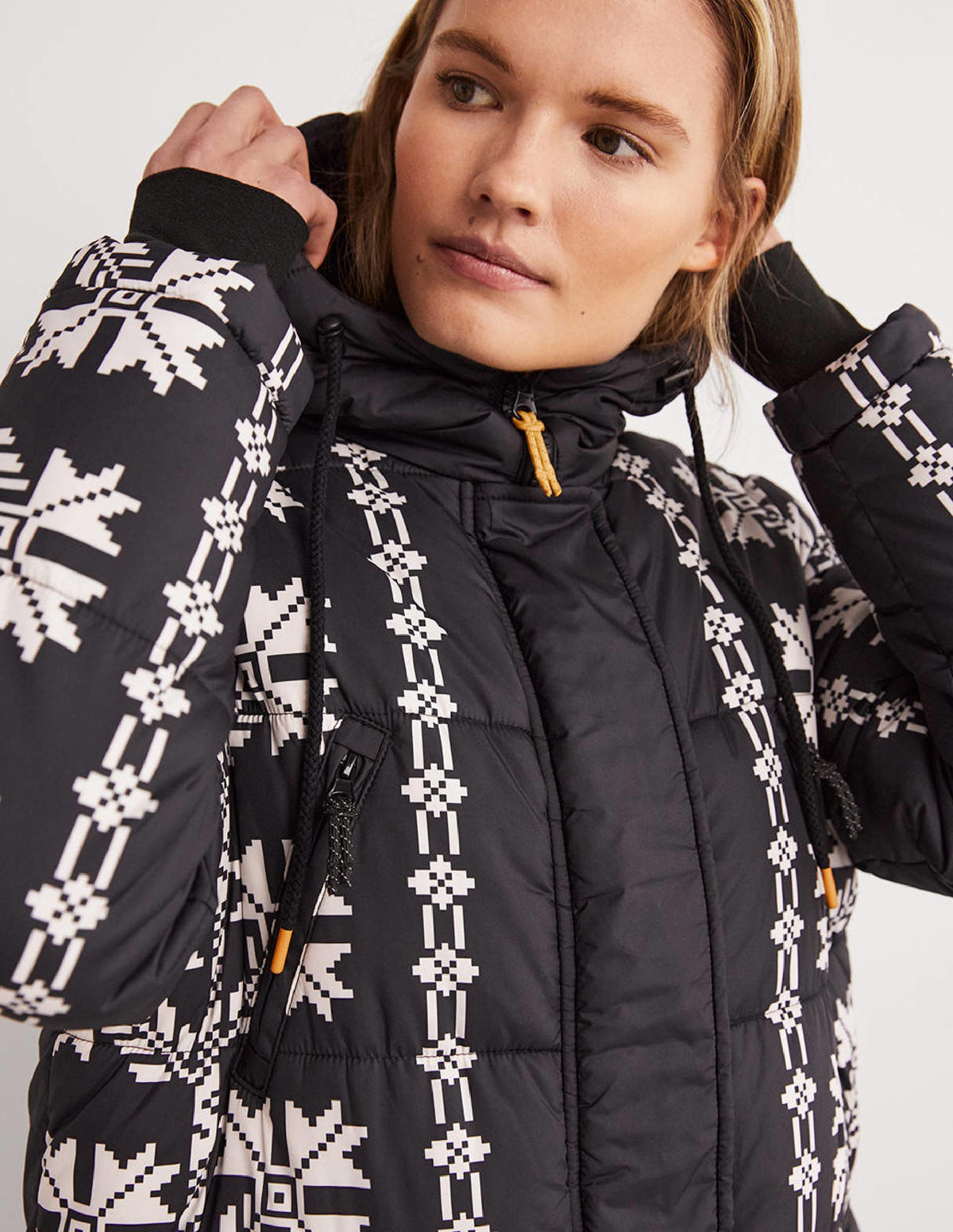 Longline Printed Puffer Coat-Black, Aztec Bloom-3
