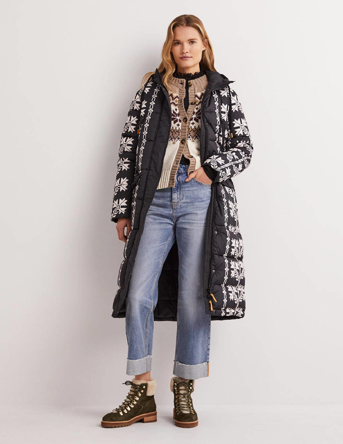 Longline Printed Puffer Coat-Black, Aztec Bloom - Image 5