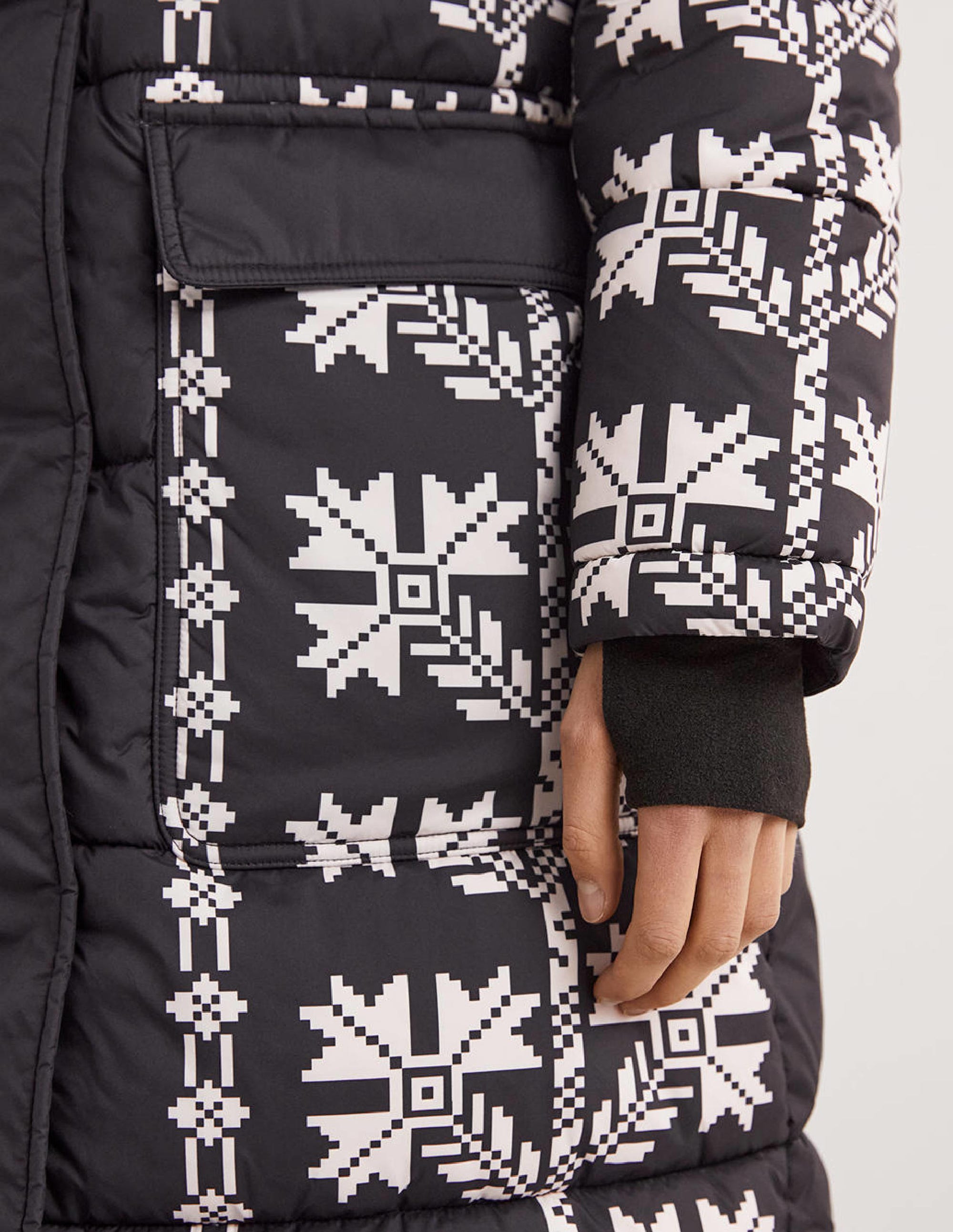 Longline Printed Puffer Coat-Black, Aztec Bloom - Image 6