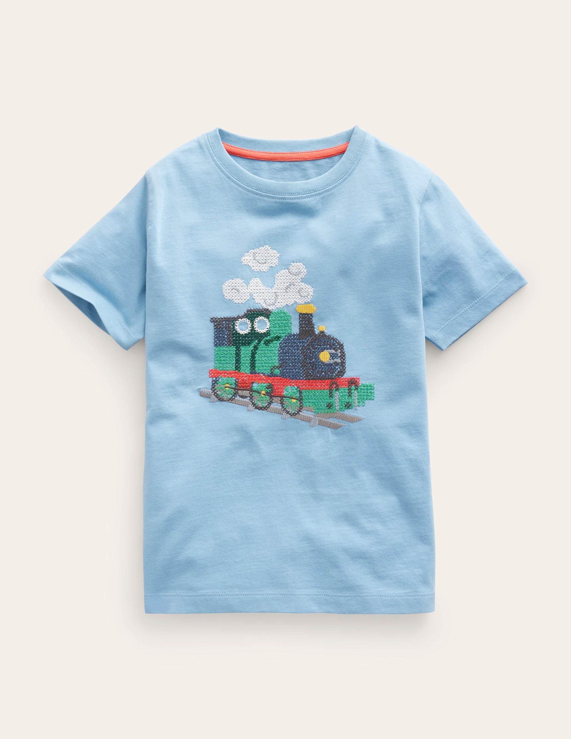 Cross-Stitch Cotton T-Shirt-Pebble Blue Train-1
