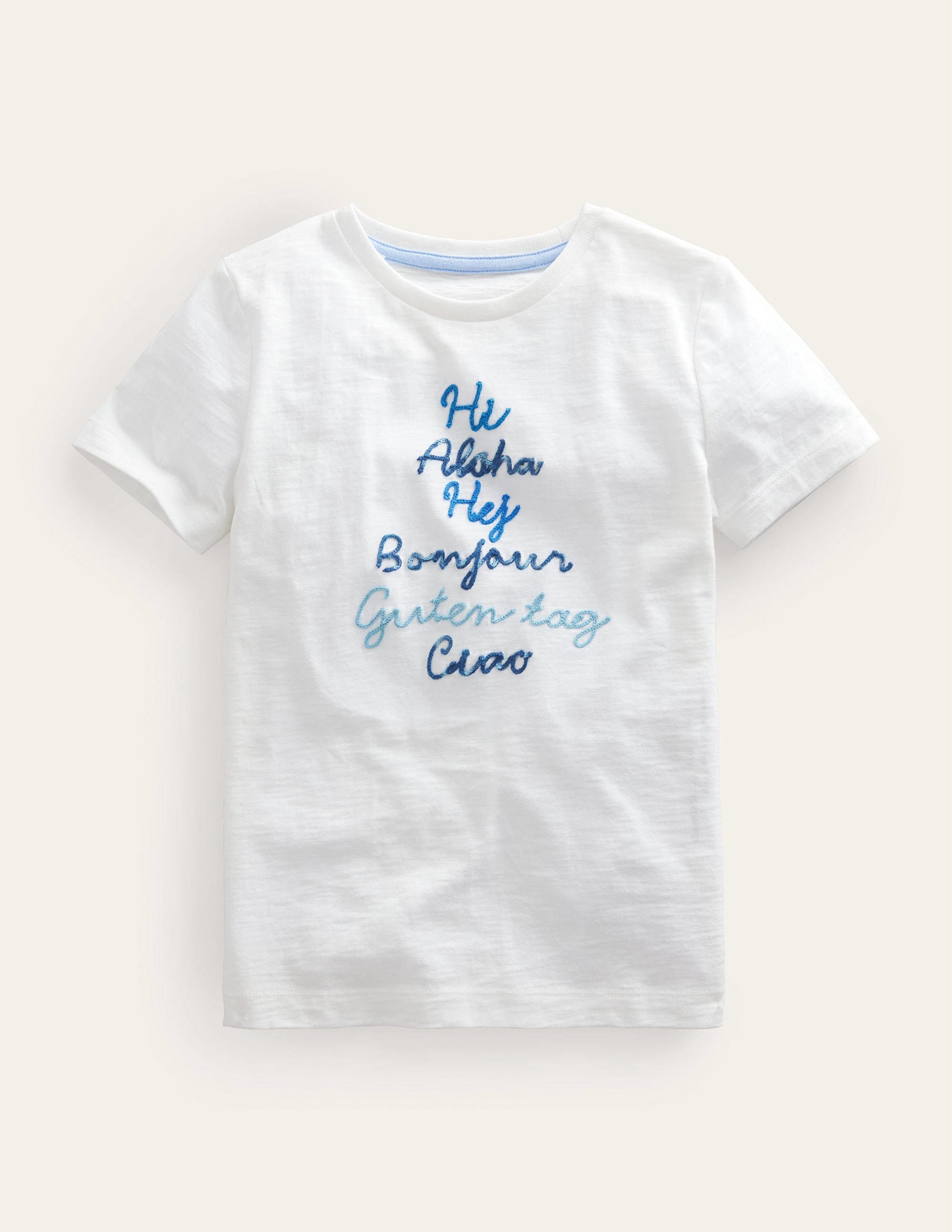 Chain Stitch Slogan T-shirt-Ivory White Hello - Image 1