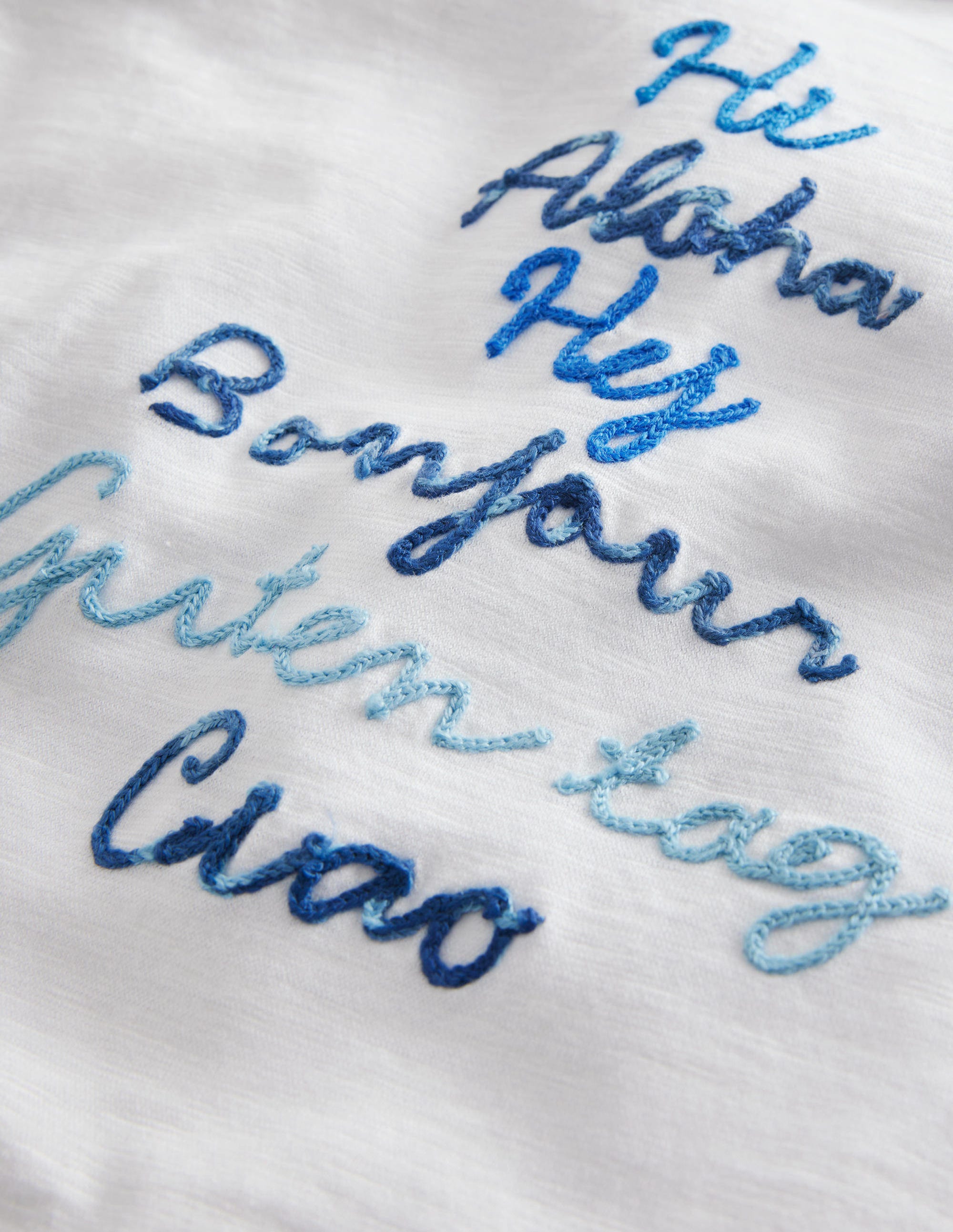 Chain Stitch Slogan T-shirt-Ivory White Hello - Image 3