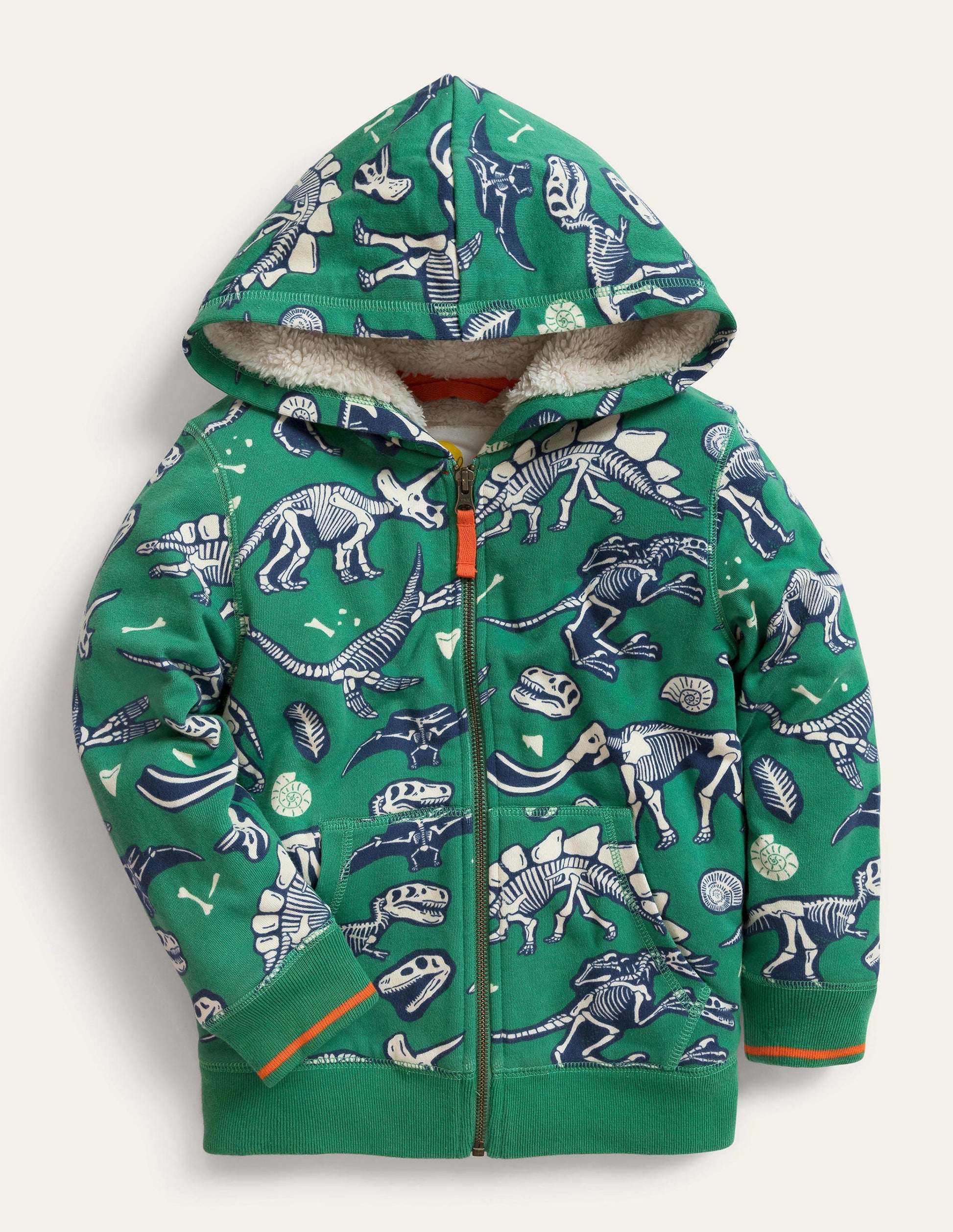 Shaggy Print Hoodie-Deep Grass Green Dino Bones-1