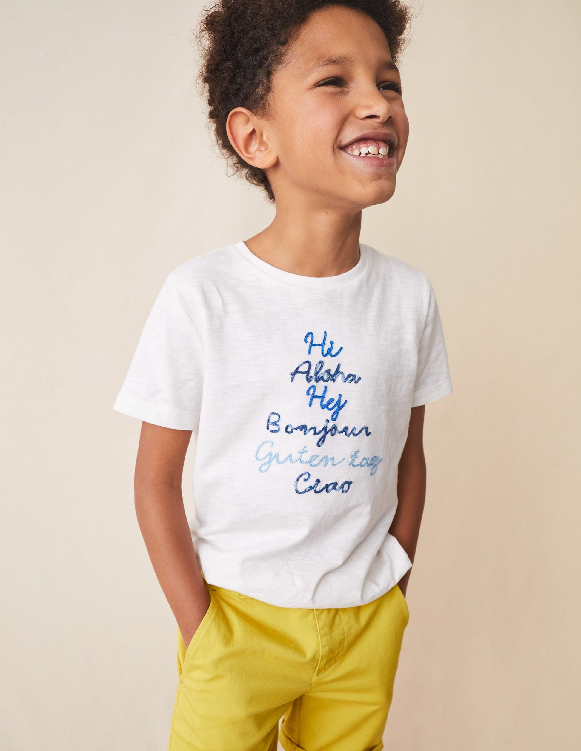 Chain Stitch Slogan T-shirt-Ivory White Hello-4