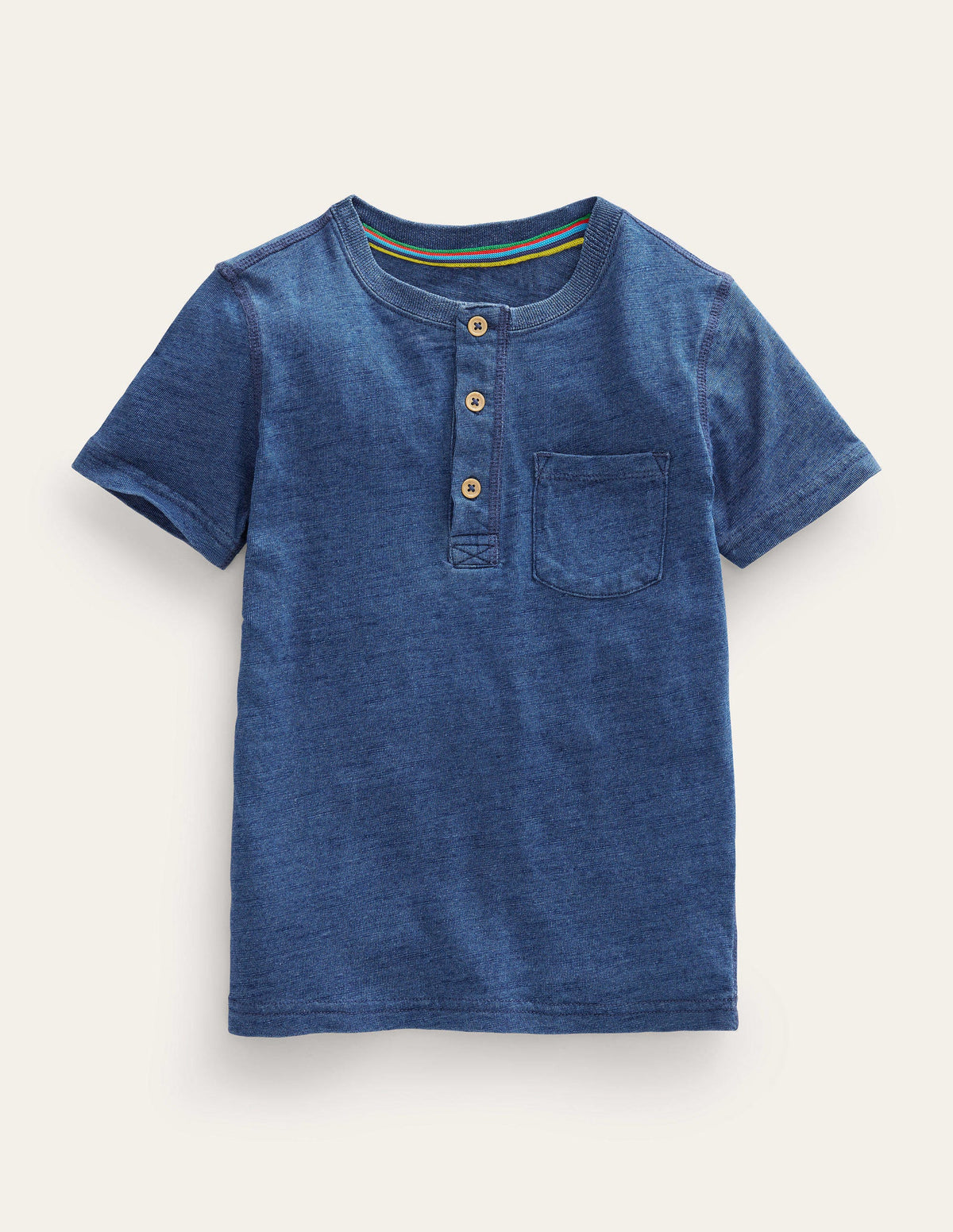 Washed Cotton Henley T-shirt-Indigo Blue-1