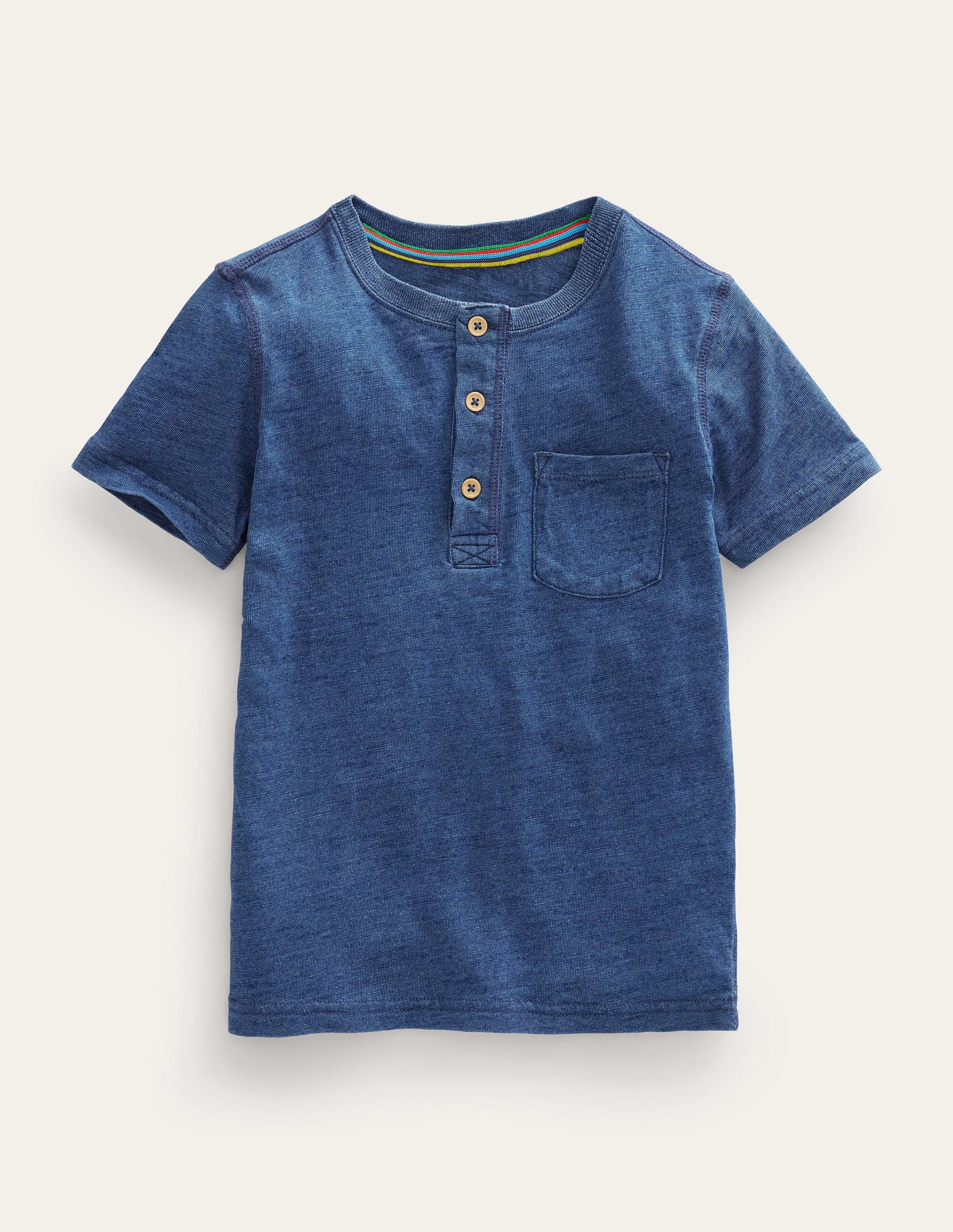 Washed Cotton Henley T-shirt-Indigo Blue - Image 1
