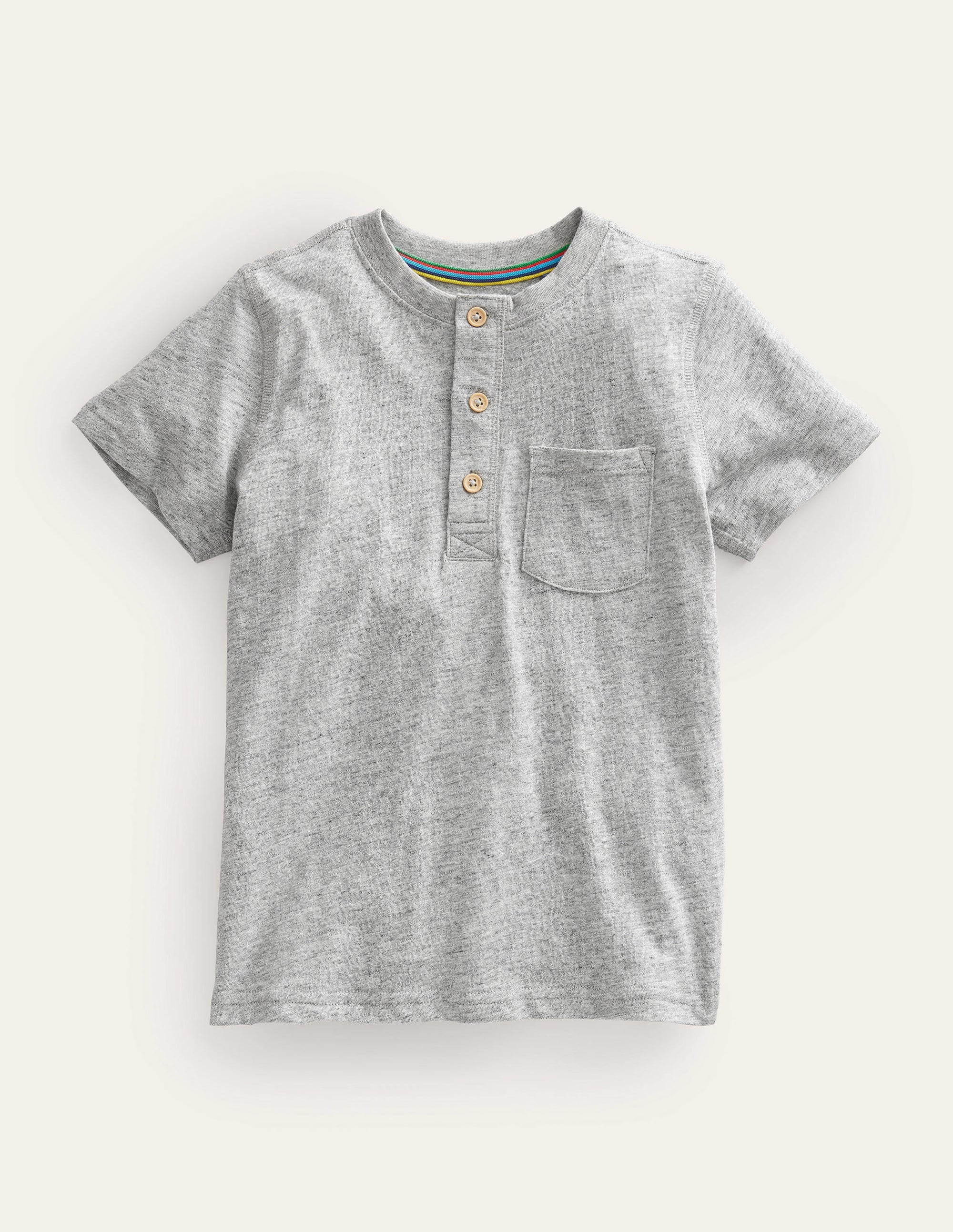 Washed Cotton Henley T-shirt-Grey Marl - Image 1