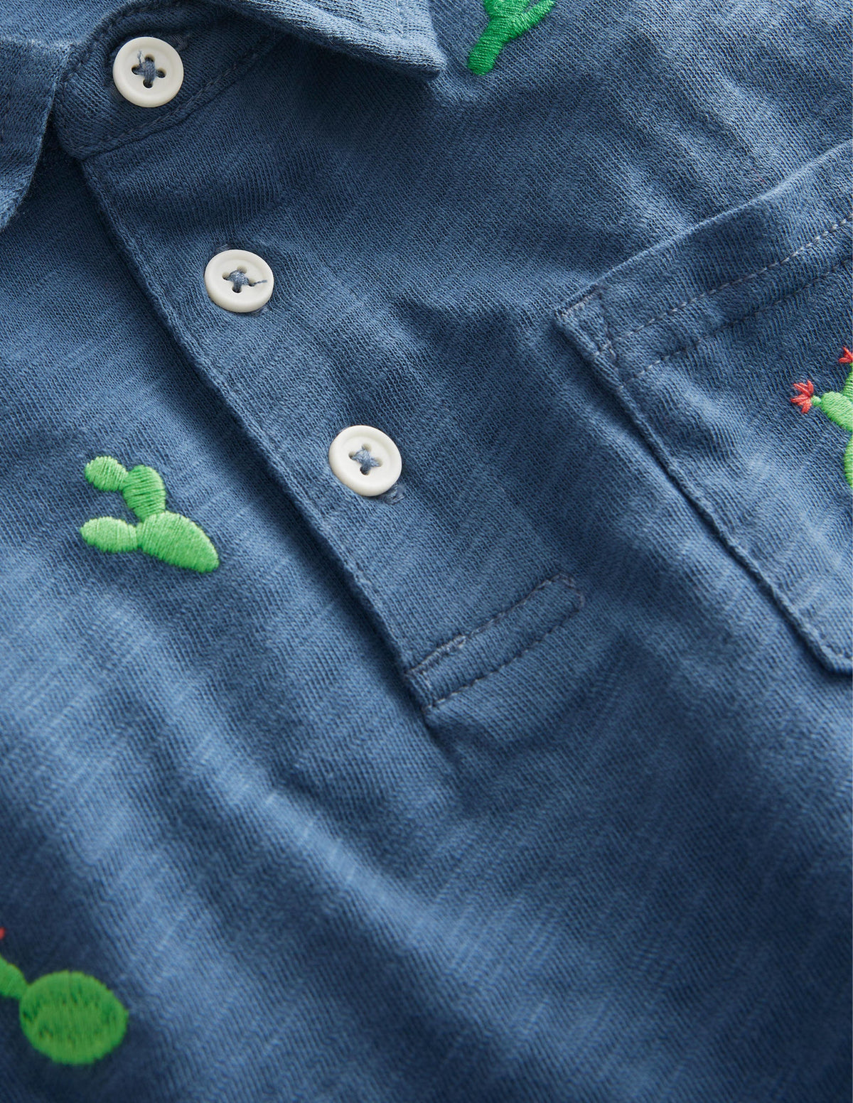 Embroidered Slubbed Polo Shirt-Robot Blue Cactus - Image 3