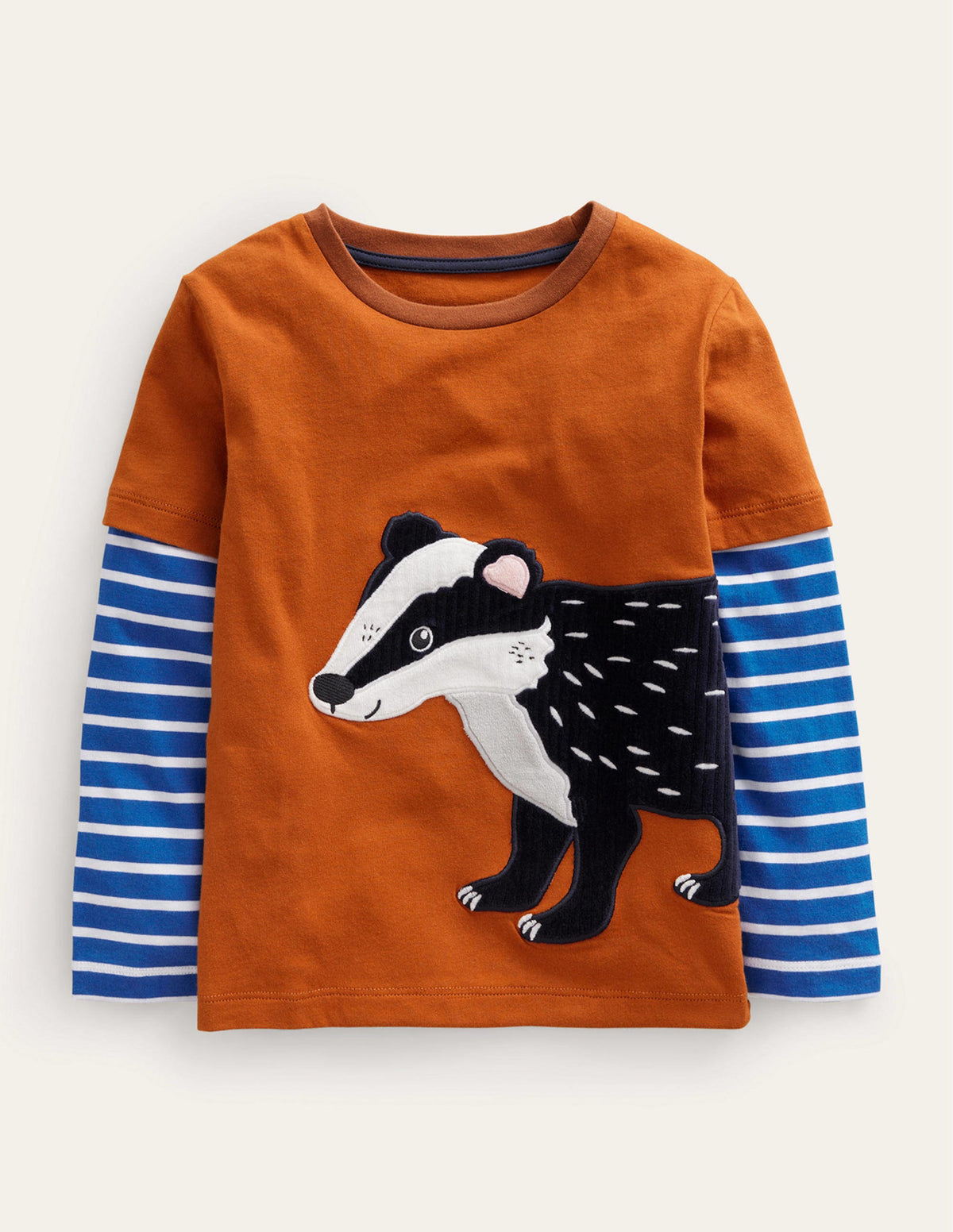 Appliqué Mock Sleeve T-Shirt-Autumn Orange Badger-1