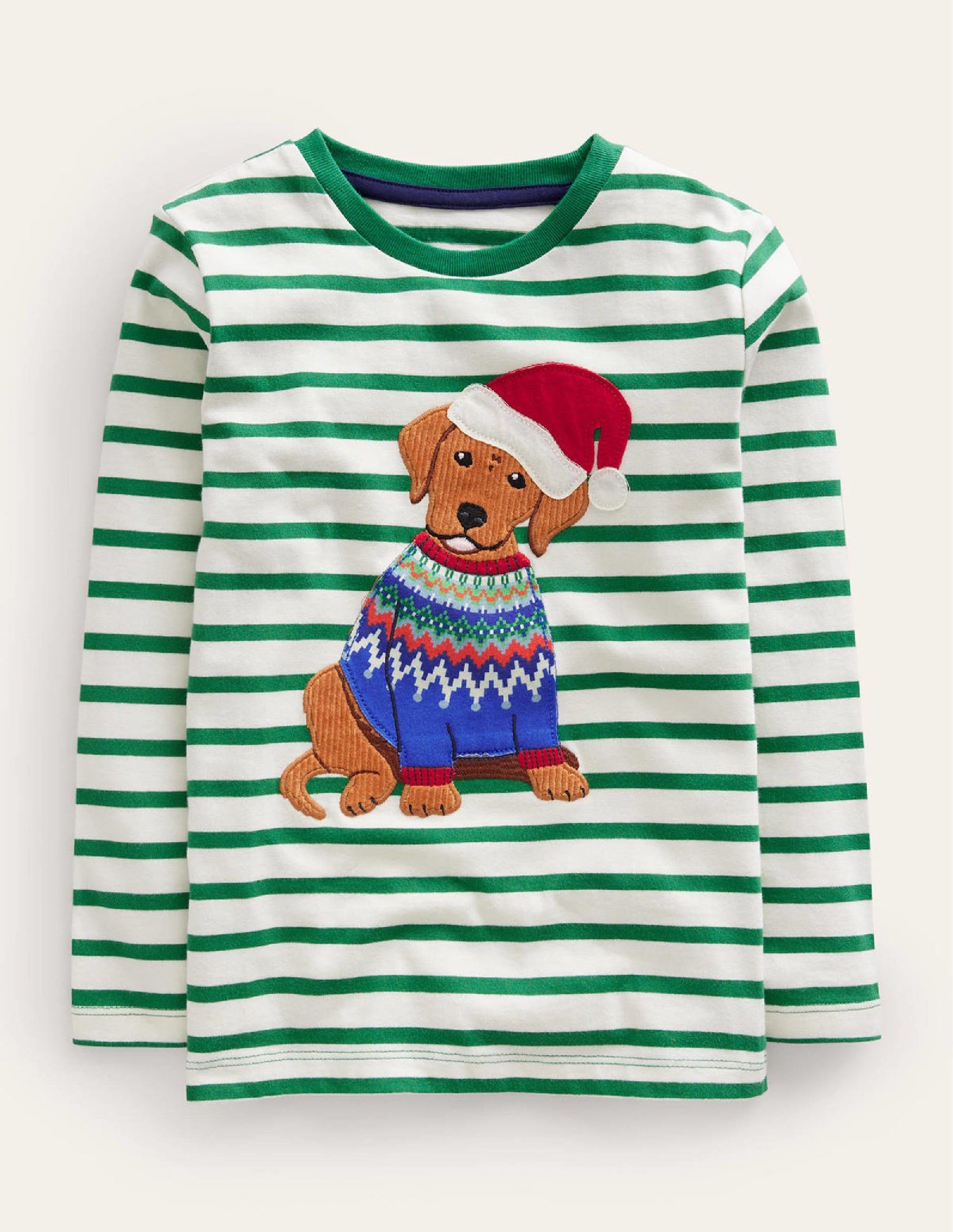 Festive Applique T-shirt-Deep Green/Ivory Dog-1