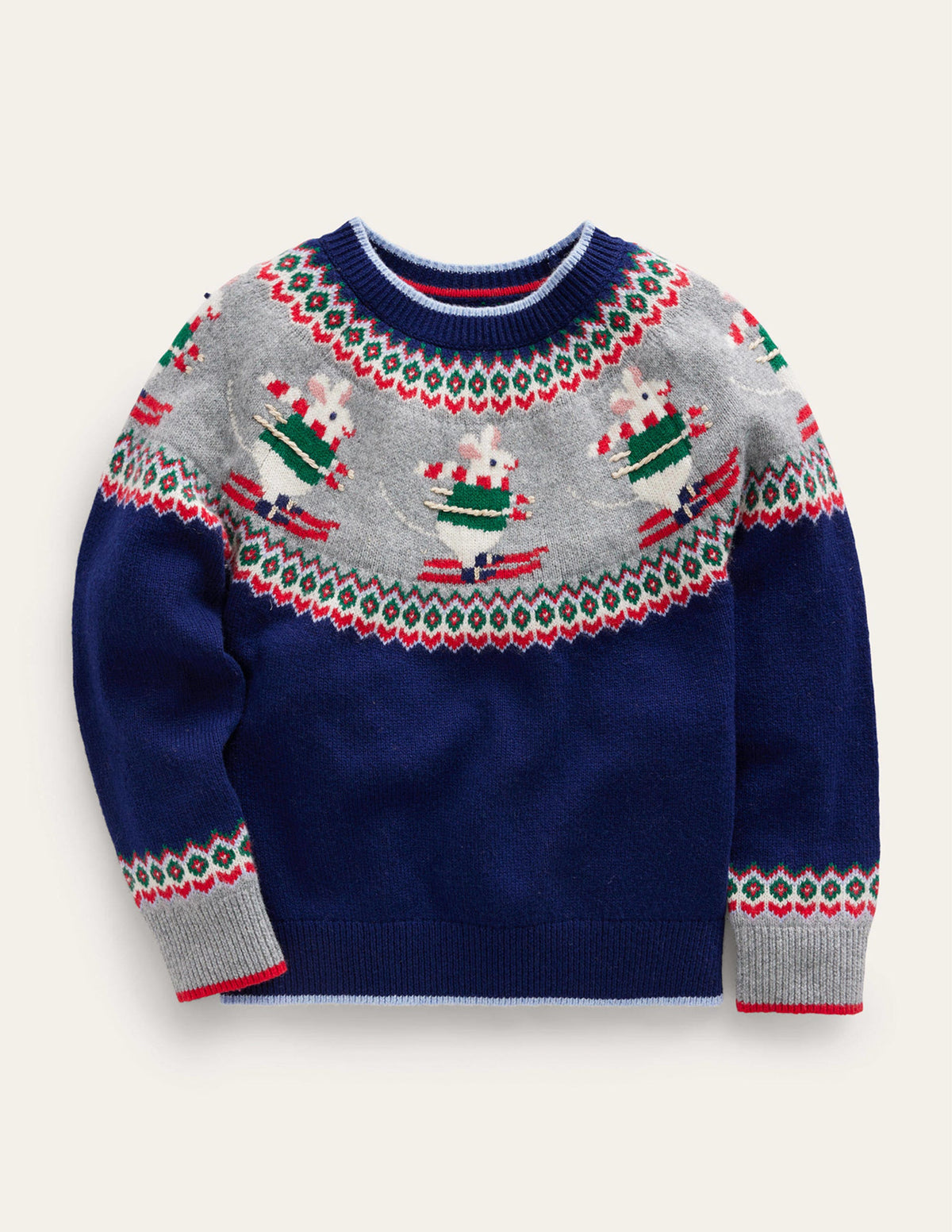 Novelty Fair Isle Sweater-French Navy Skiing Mice - Image 1
