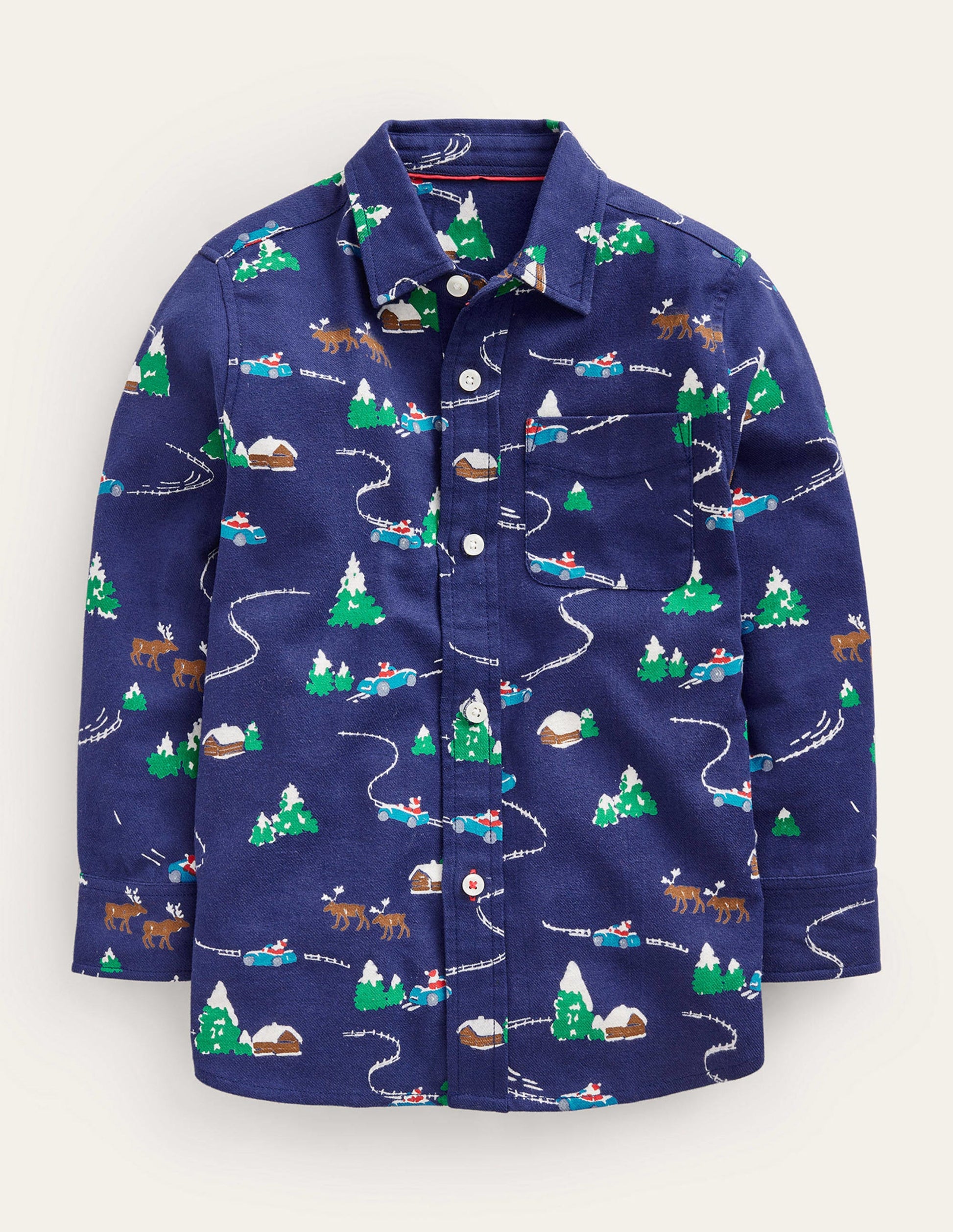 Printed Brushed Flannel Shirt-College Navy Festive Scene-1