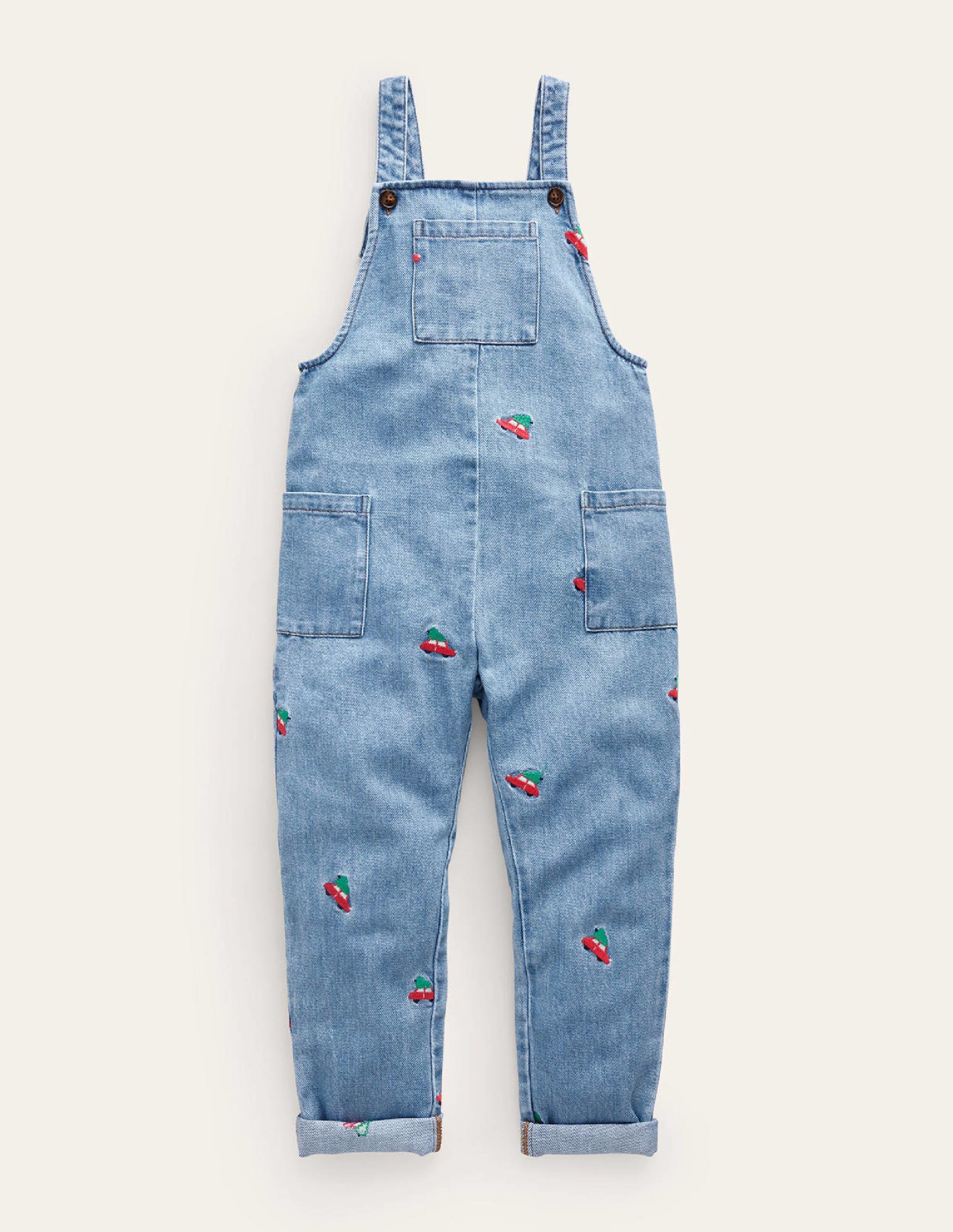 Embroidered Denim Overalls-Red Festive Car - Image 1