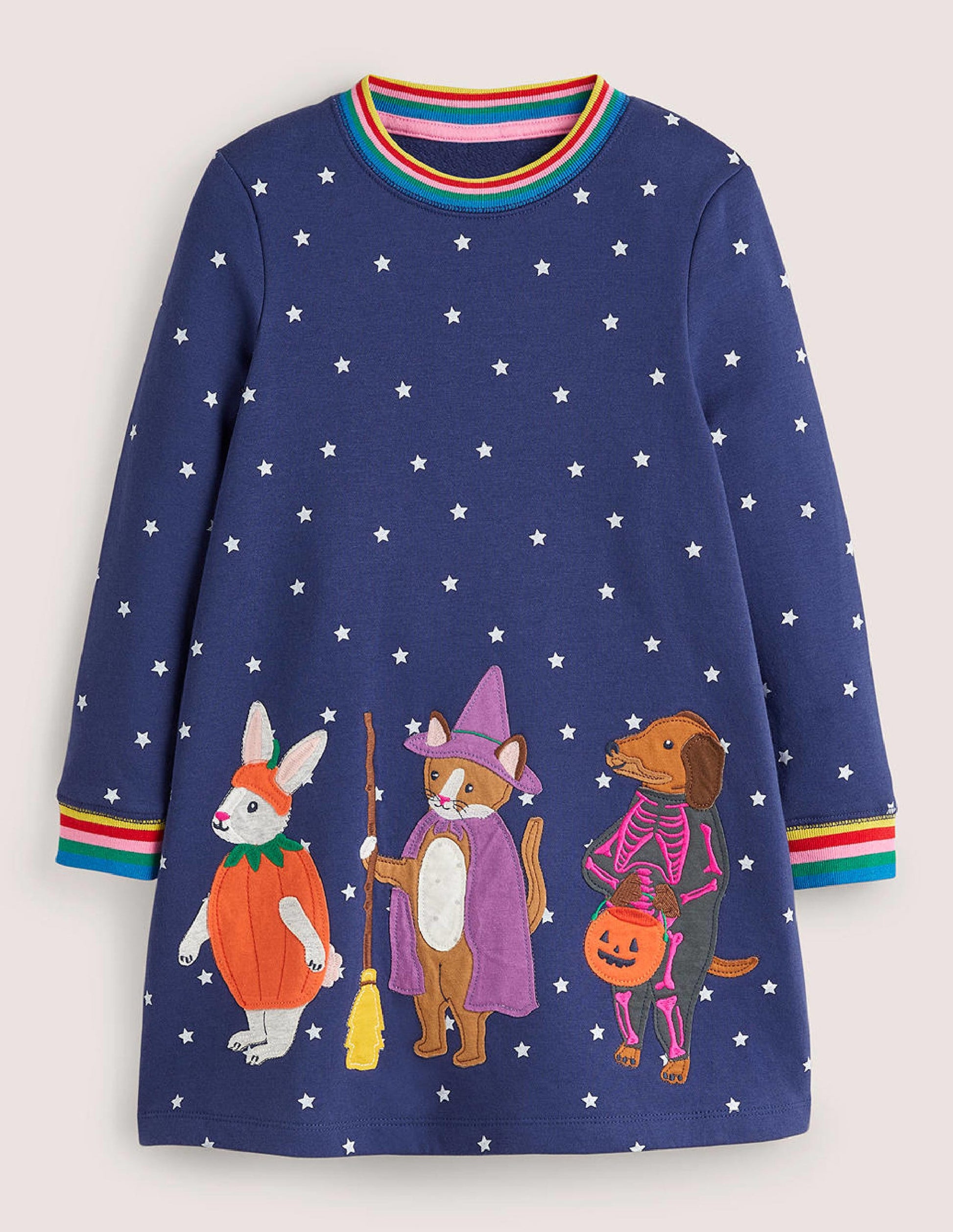 Navy Stars Halloween Sweatshirt Dress-Blue Star Halloween Animals-1