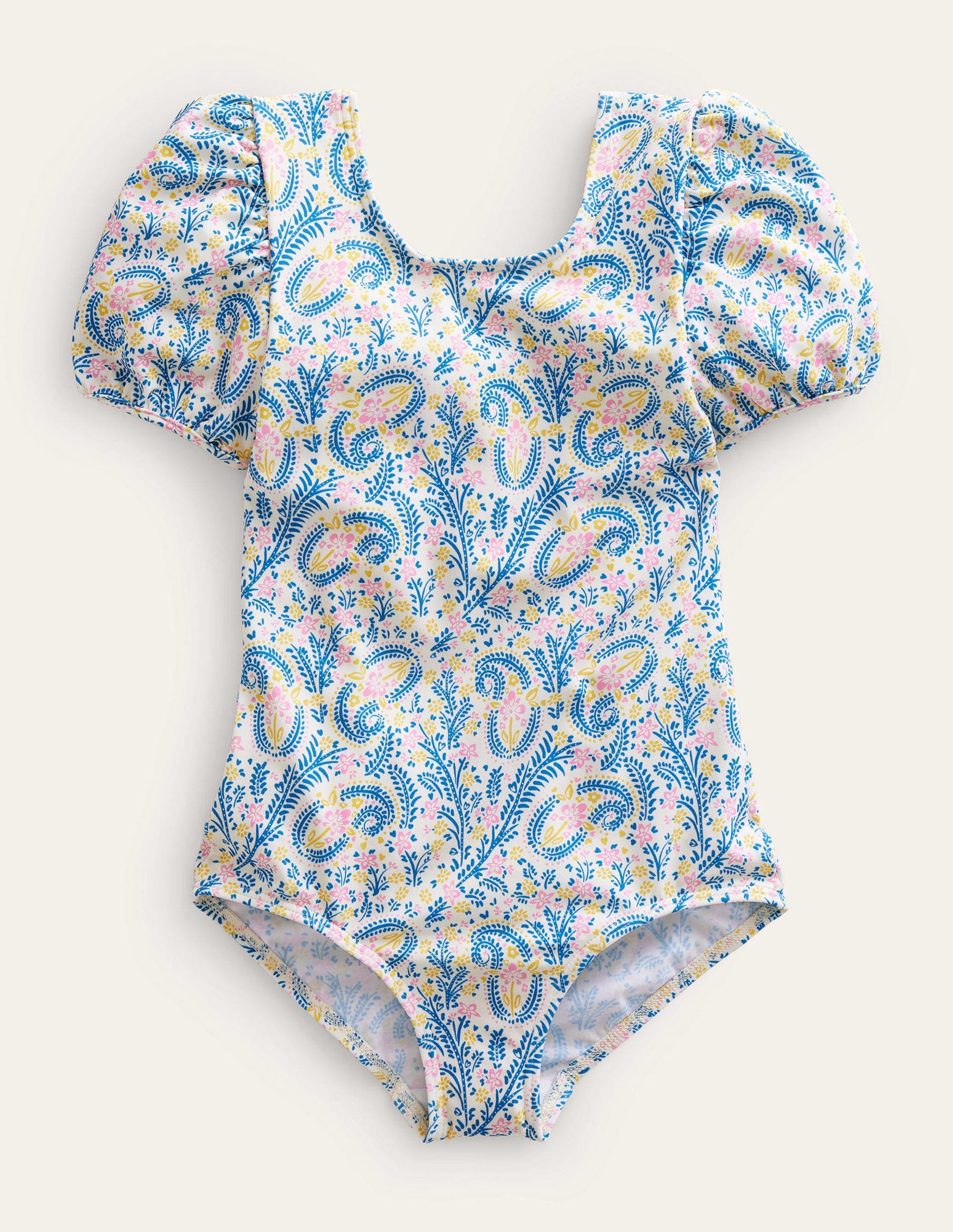 Printed Puff-sleeved Swimsuit-Ivory Paisley-1