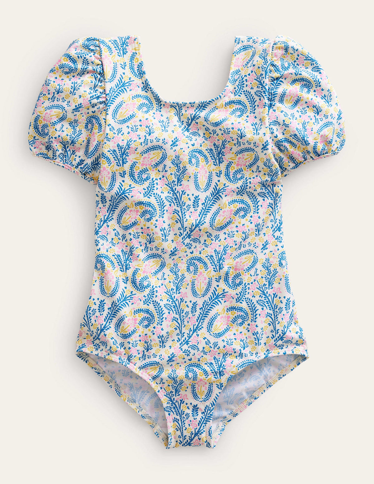 Printed Puff-sleeved Swimsuit-Ivory Paisley - Image 1
