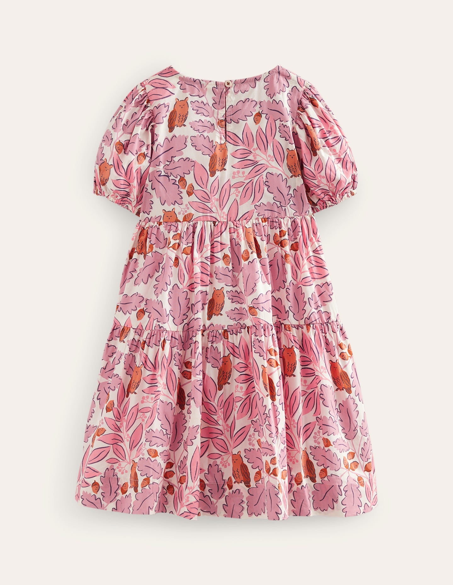 Tiered Printed Cotton Dress-Almond Pink Leaves-2