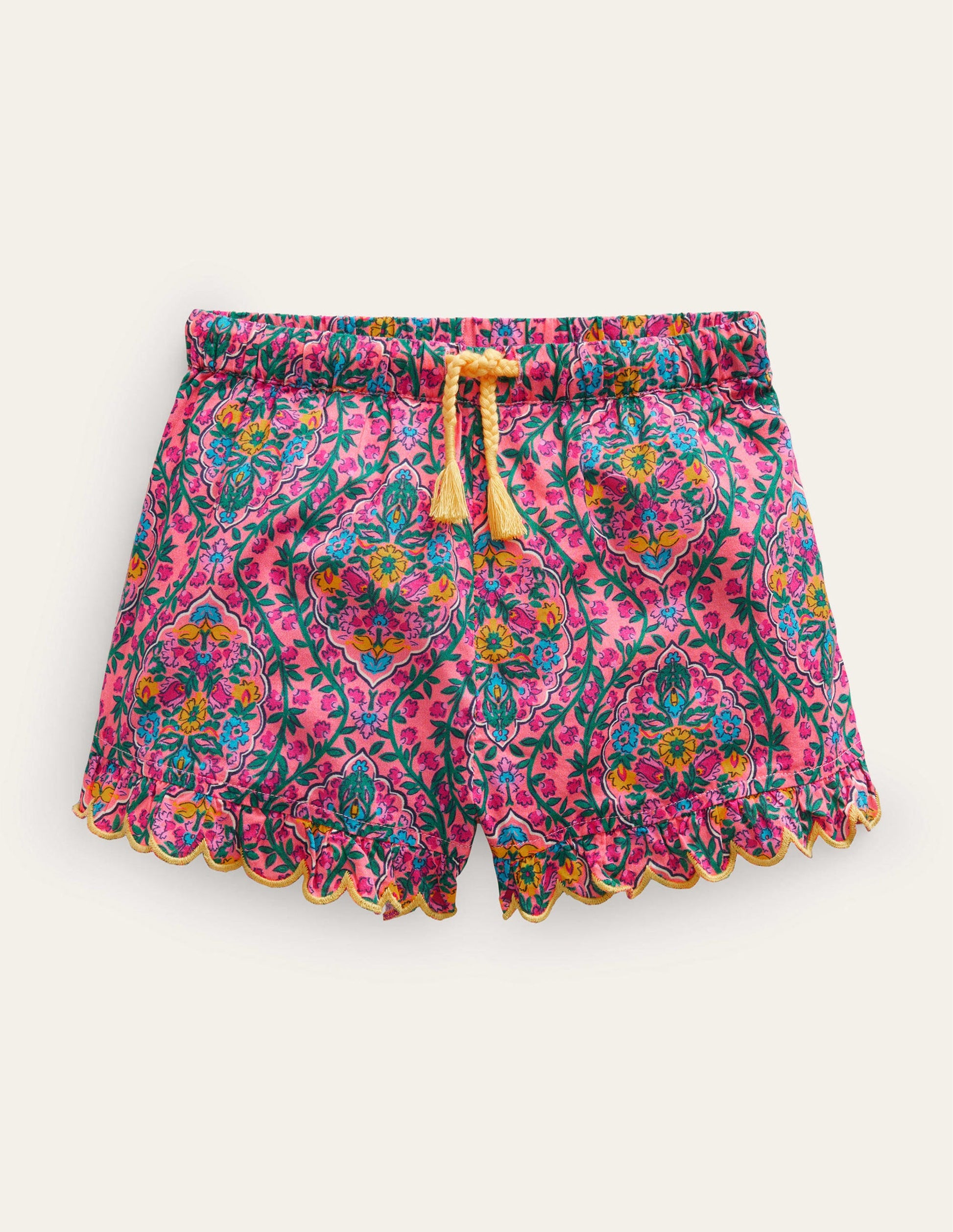 Scalloped-Hem Shorts-Azalea Woodblock Vine-1