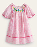 Embroidered Floaty Dress-Festival Pink Summer Vine