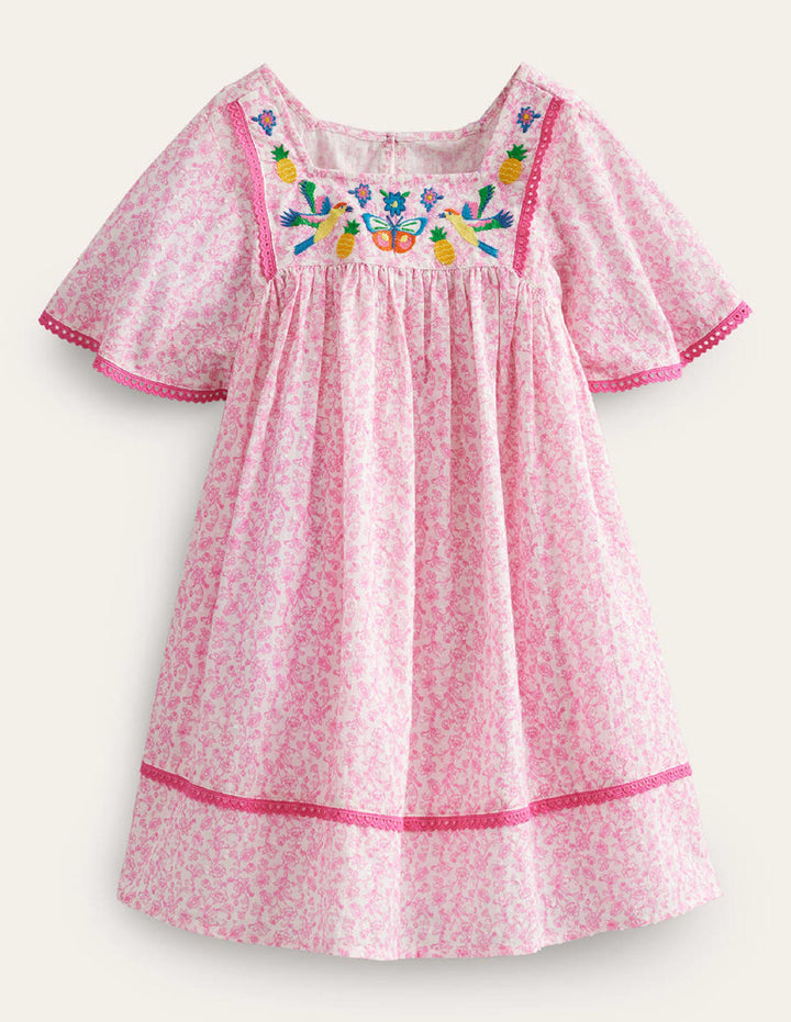 Embroidered Floaty Dress-Festival Pink Summer Vine