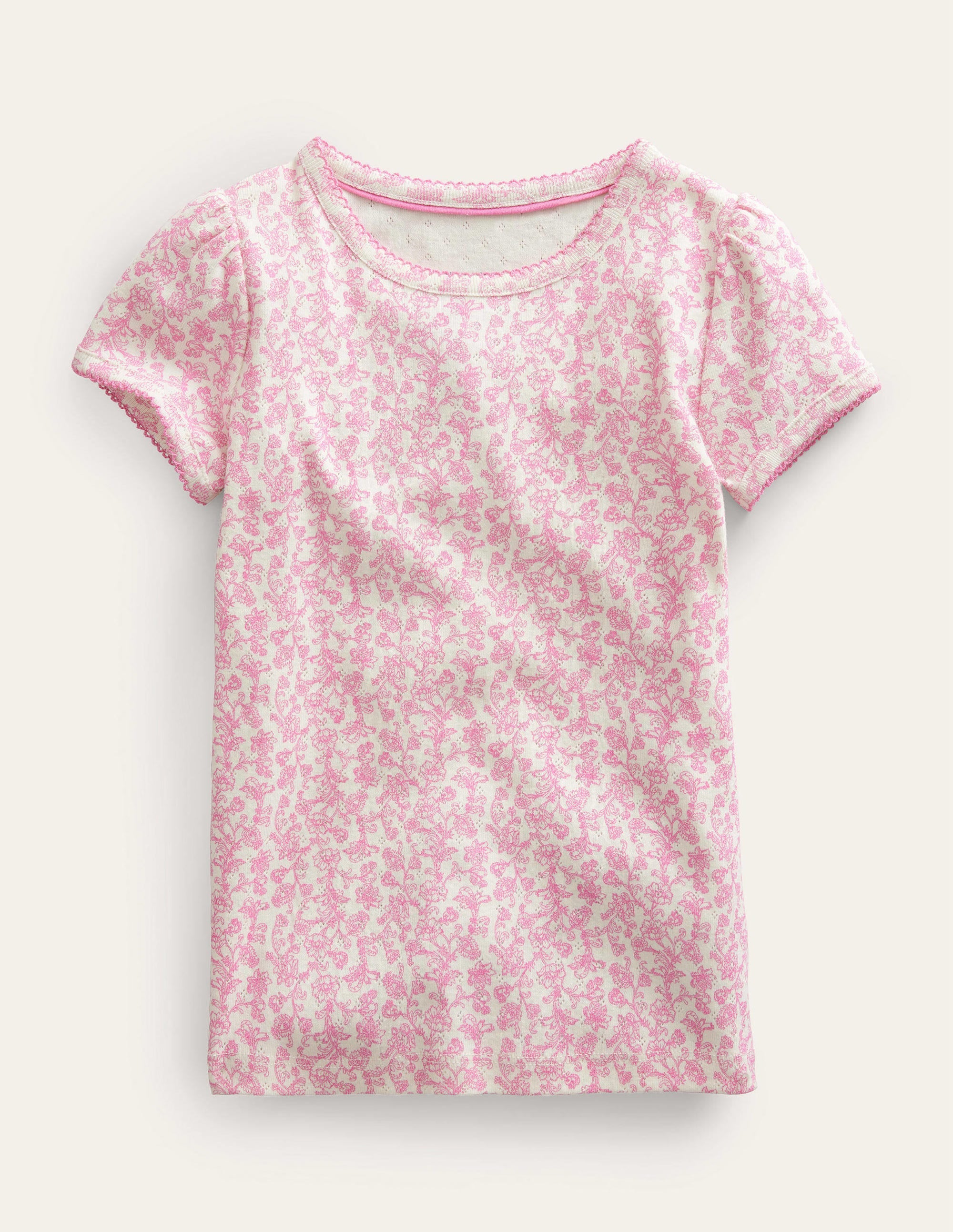 Short-sleeved Pointelle Top-Pink Paisley Floral - Image 1
