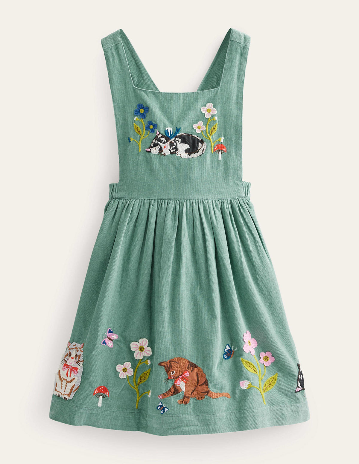 Cord Applique Pinafore-Green Smoke Cats - Image 1