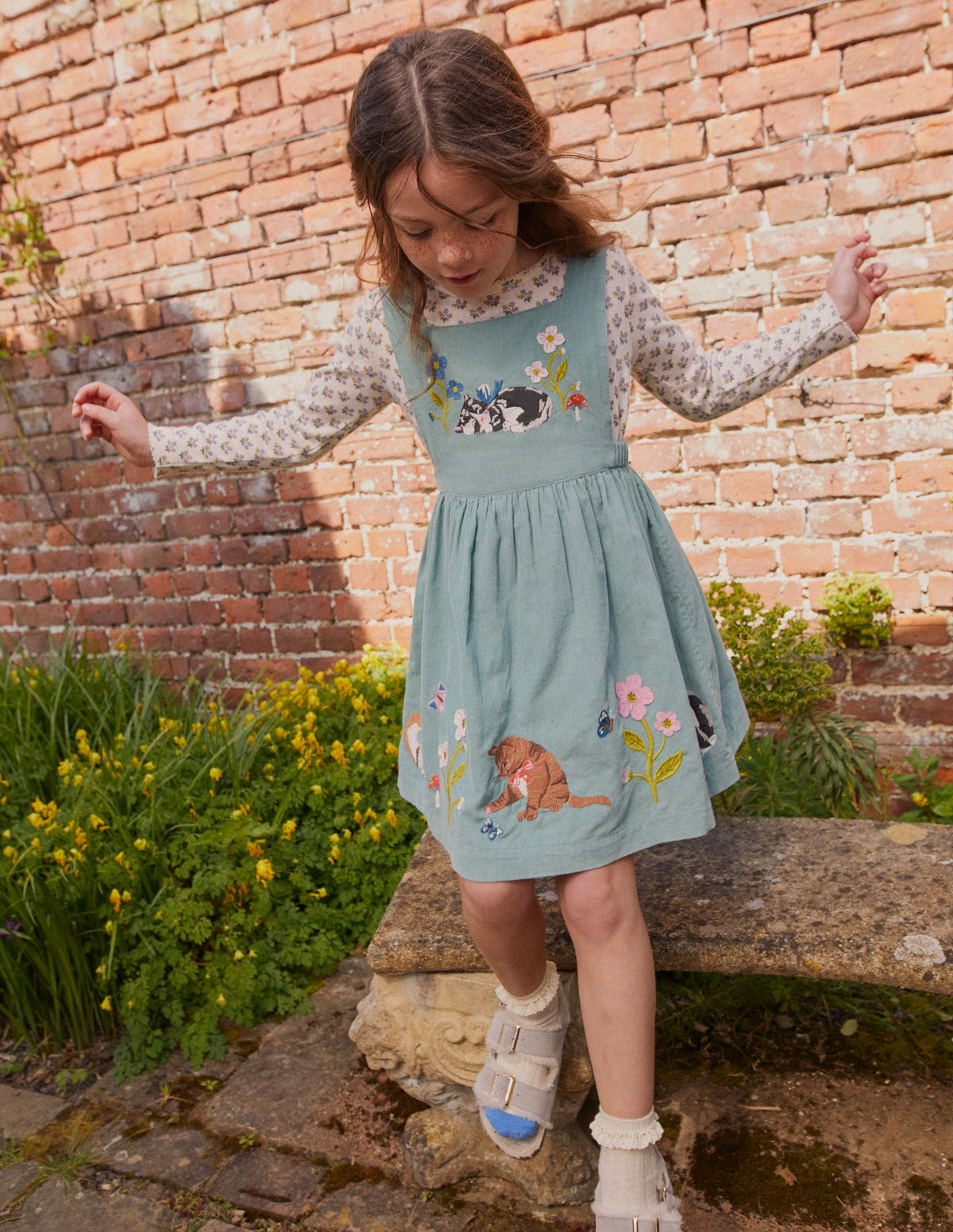 Cord Applique Pinafore-Green Smoke Cats - Image 5