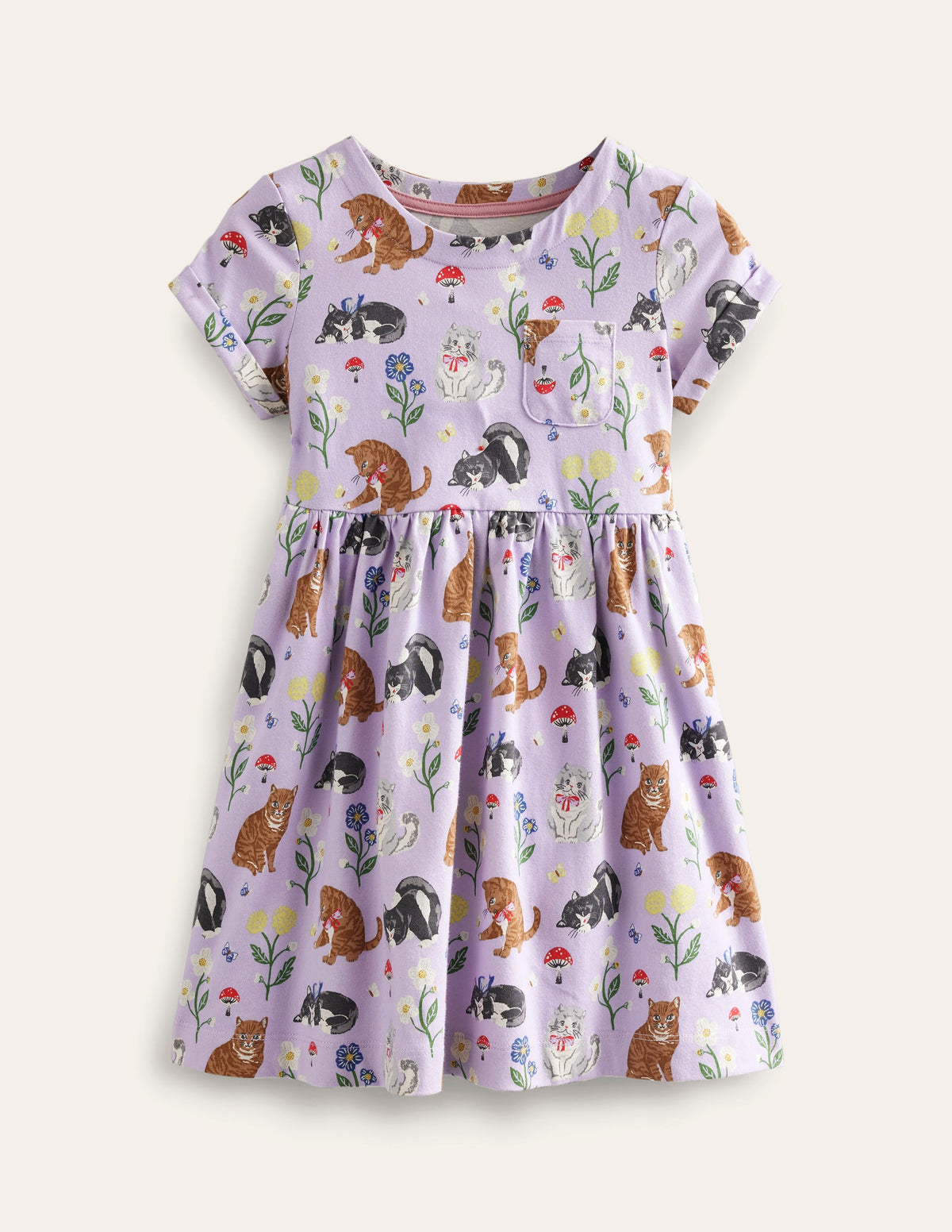 Short-sleeved Fun Jersey Dress-Light Purple Cats-1