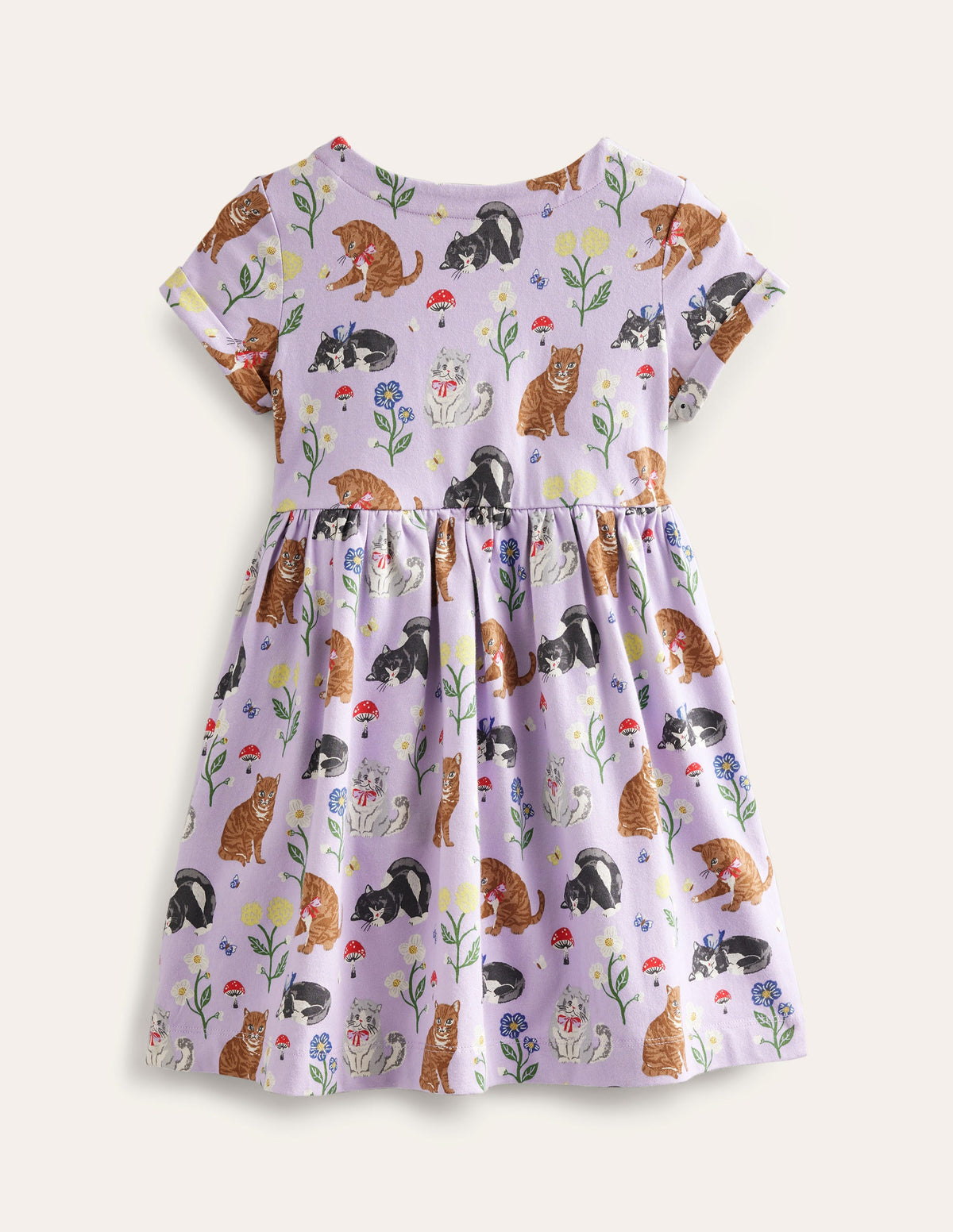 Short-sleeved Fun Jersey Dress-Light Purple Cats - Image 2