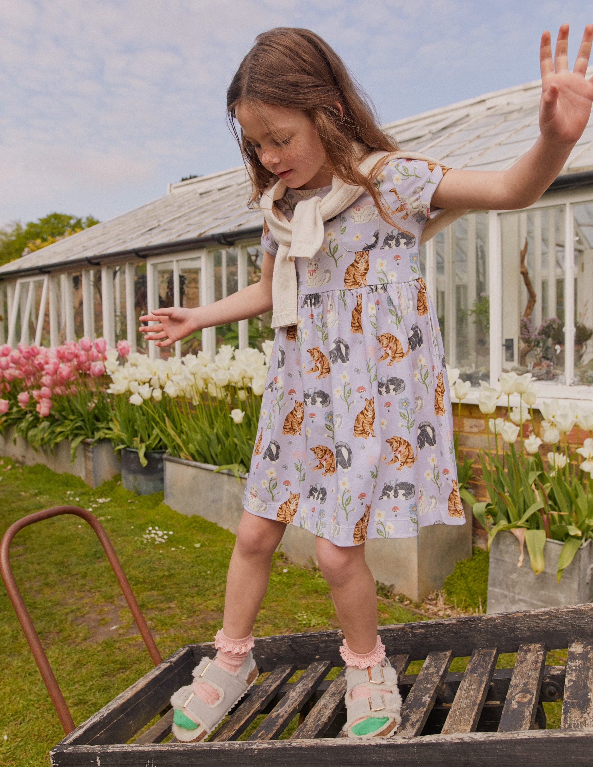 Short-sleeved Fun Jersey Dress-Light Purple Cats-4