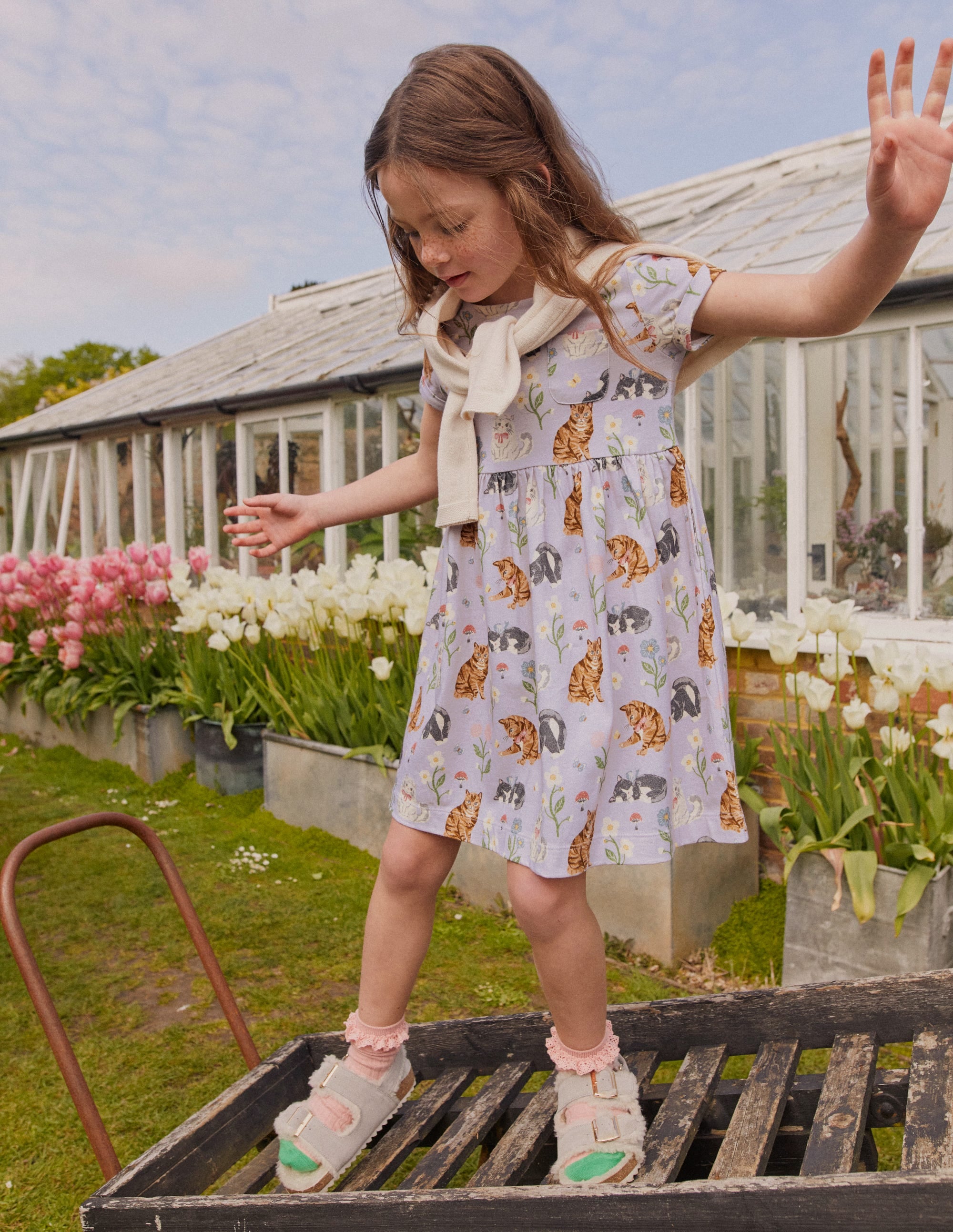Short-sleeved Fun Jersey Dress-Light Purple Cats - Image 4