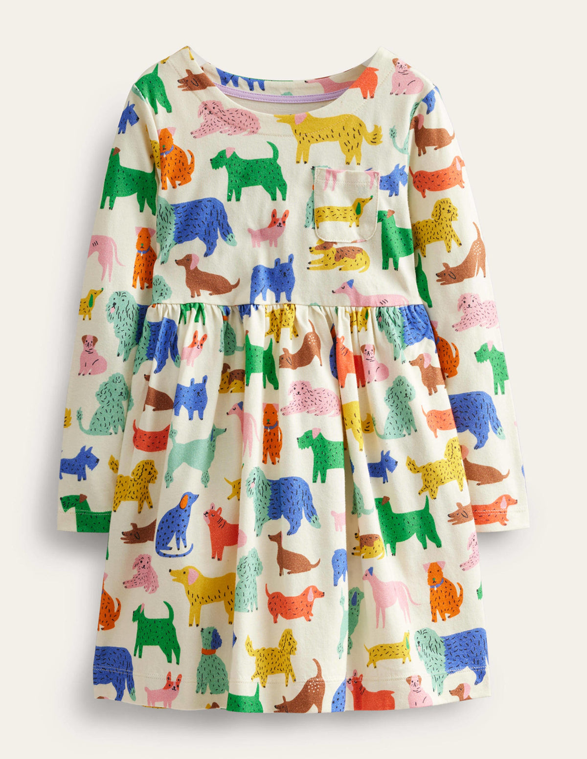 Long Sleeve Fun Jersey Dress-Ivory Playful Pups-1