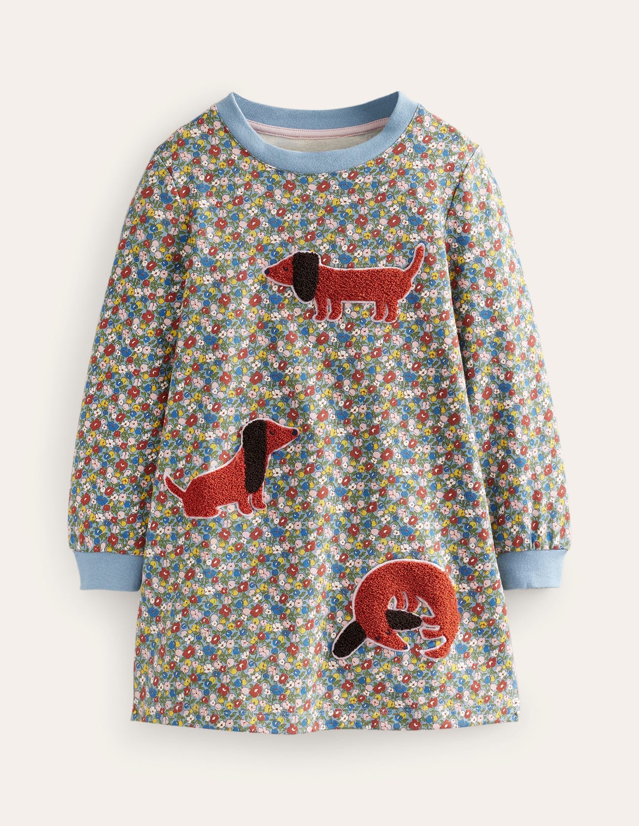 Appliqué Sweatshirt Dress-Pebble Blue Flower Dog-1