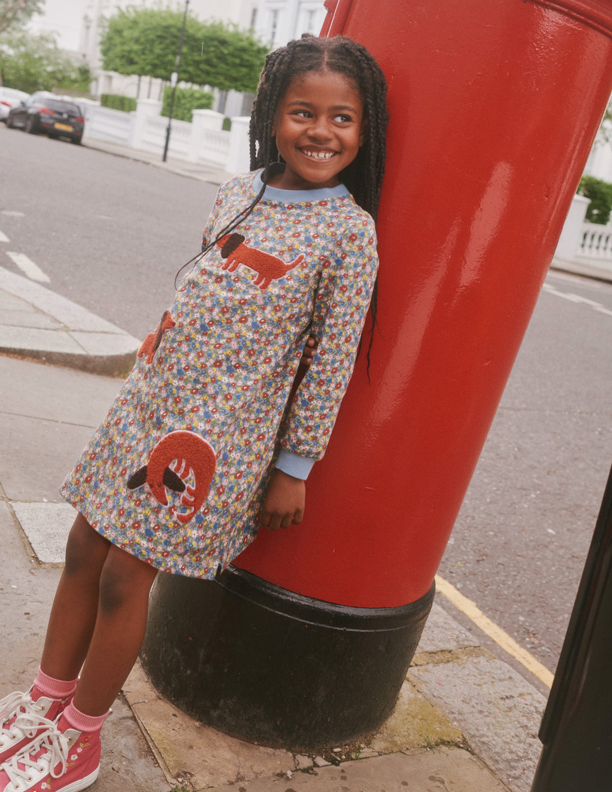 Appliqué Sweatshirt Dress-Pebble Blue Flower Dog - Image 4