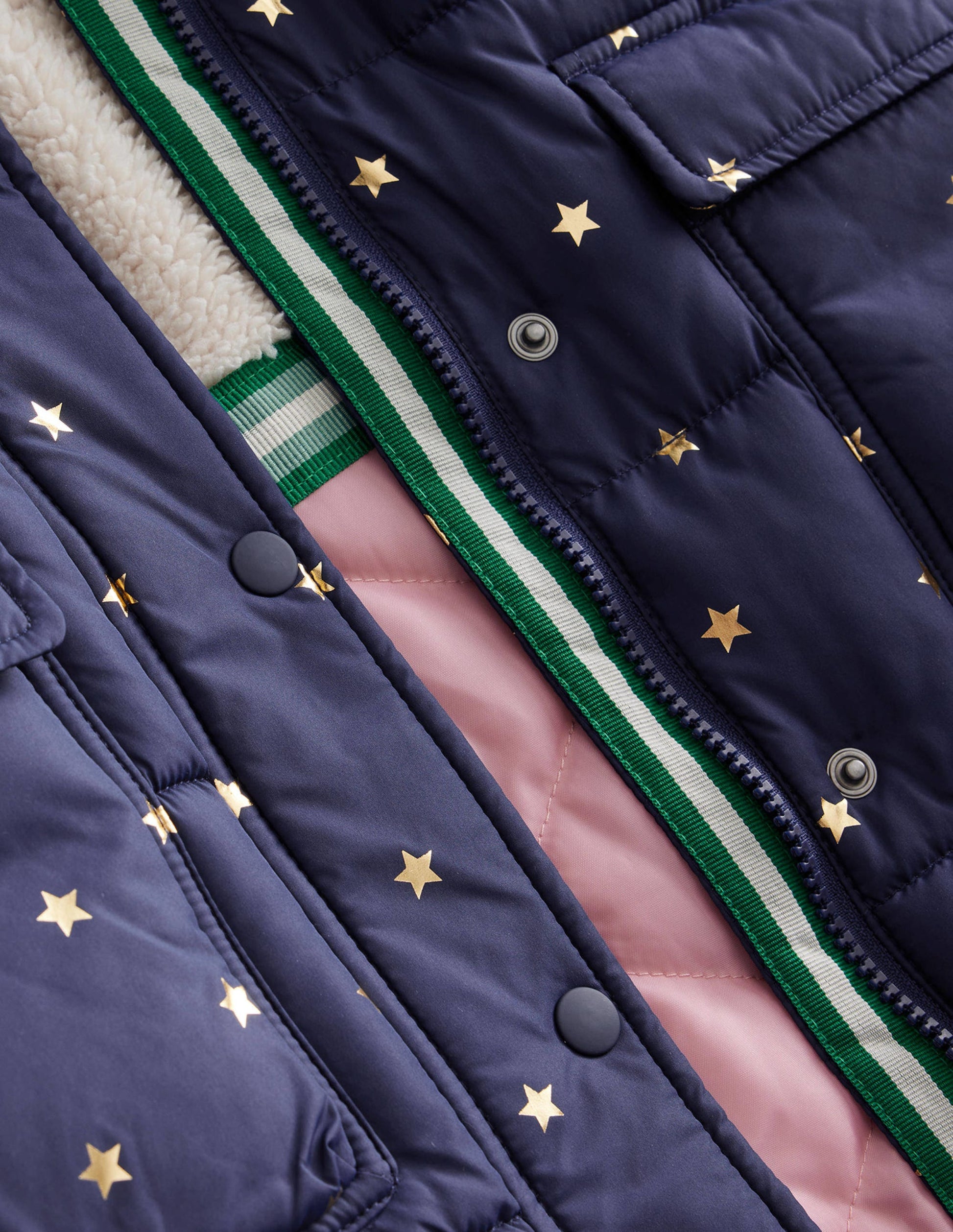Longline Padded Coat-Navy Foil Stars-3