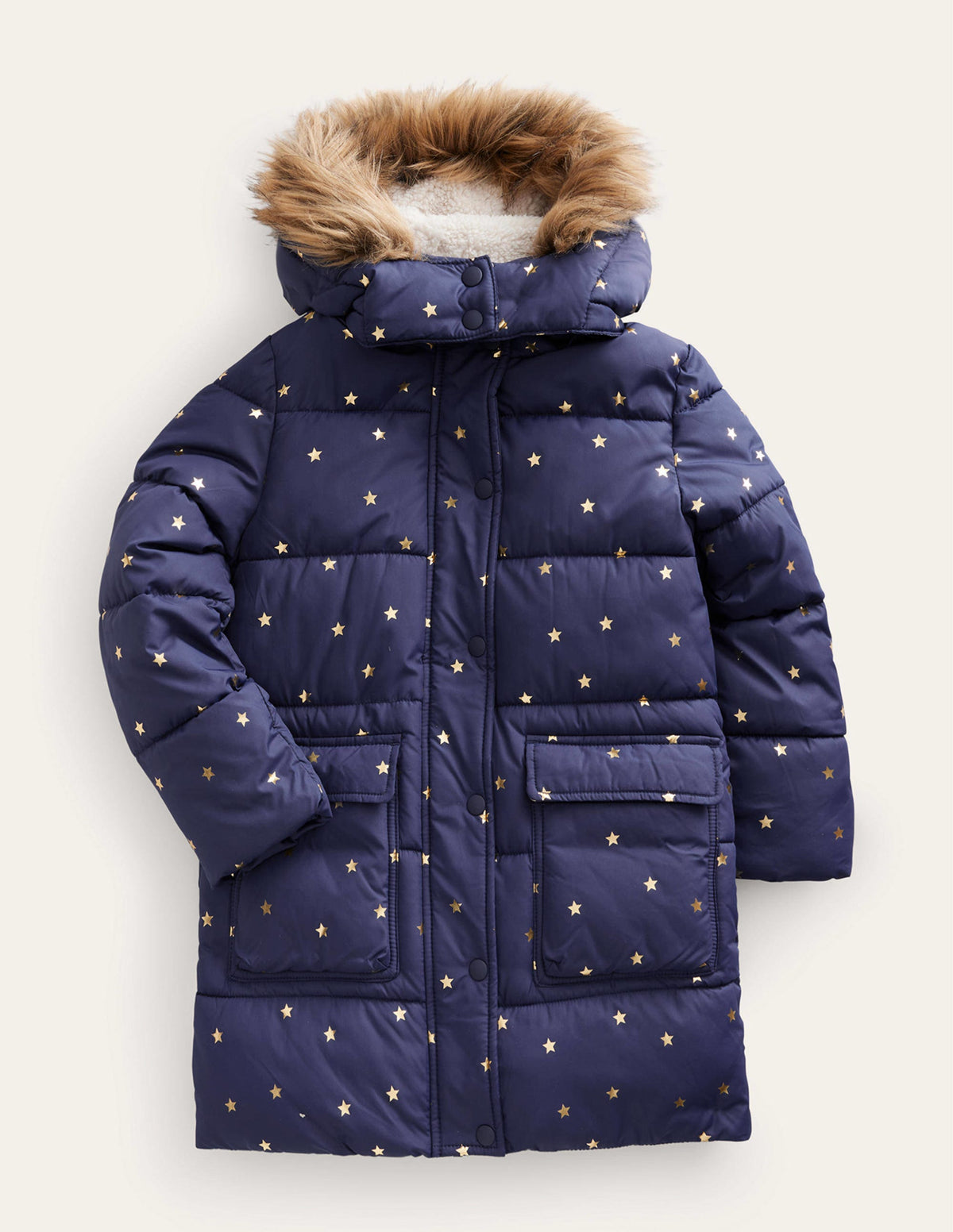 Longline Padded Coat-Navy Foil Stars-1